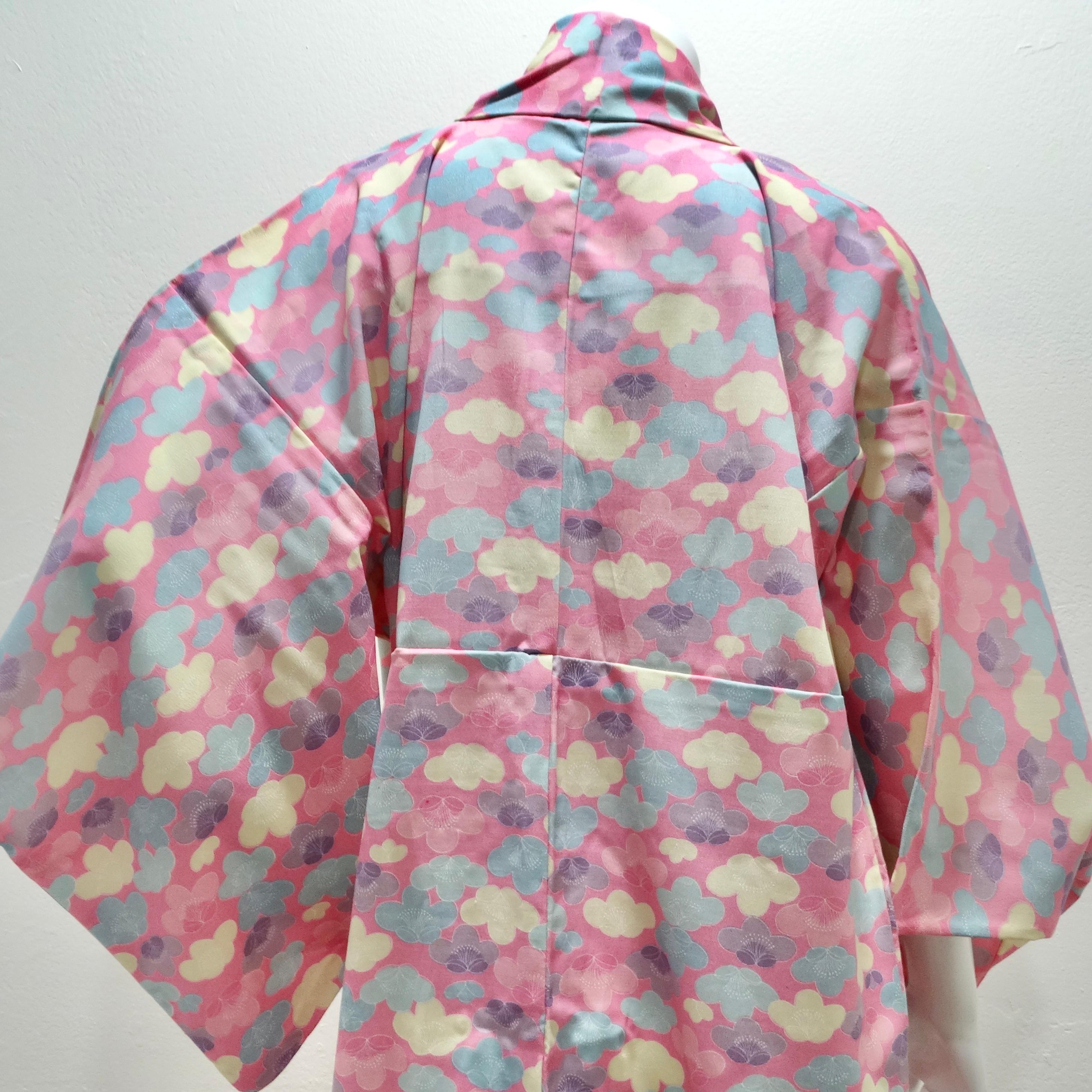 1970er Handgefertigter japanischer langer Kimono aus rosa Baumwolle im Angebot 2