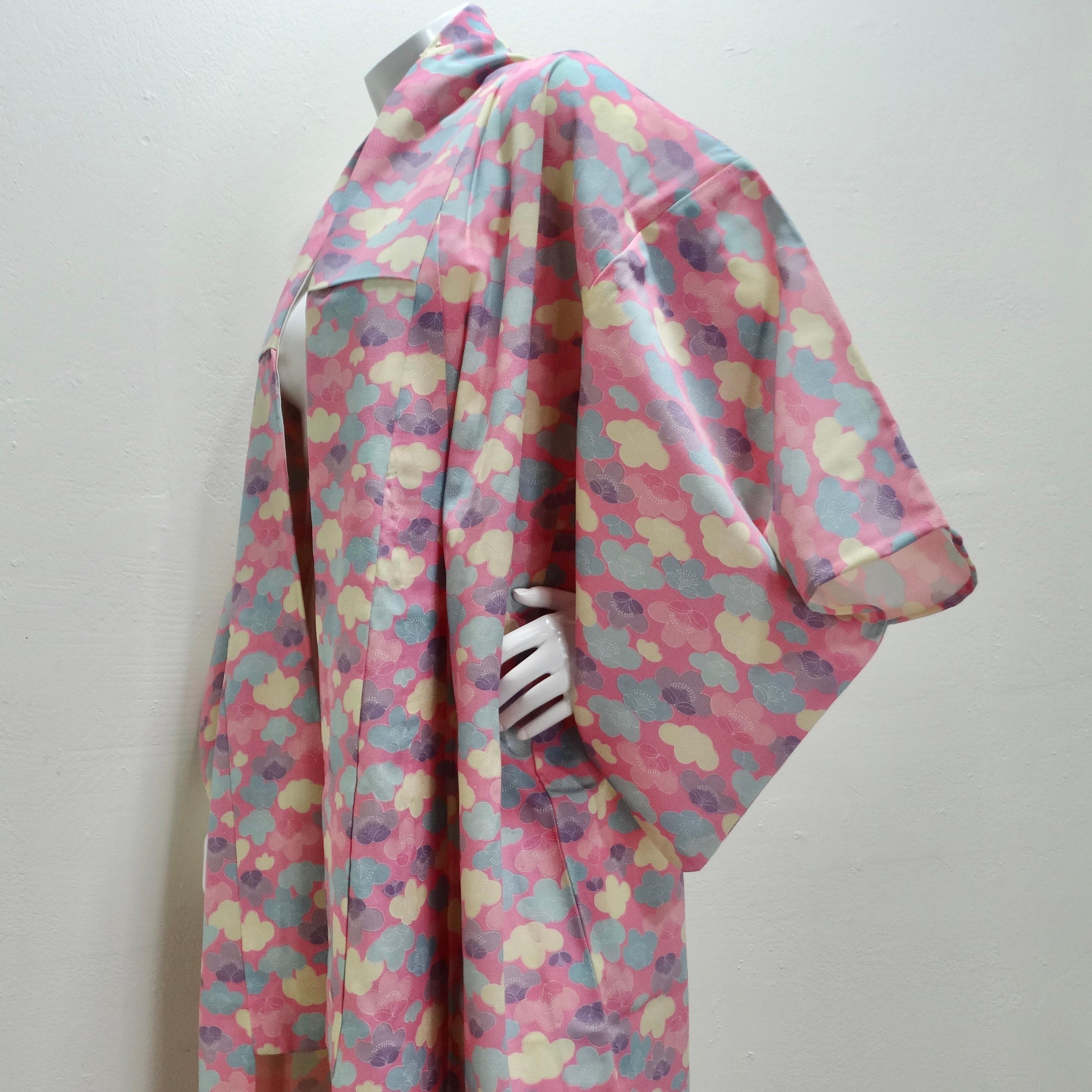 1970er Handgefertigter japanischer langer Kimono aus rosa Baumwolle im Angebot 3