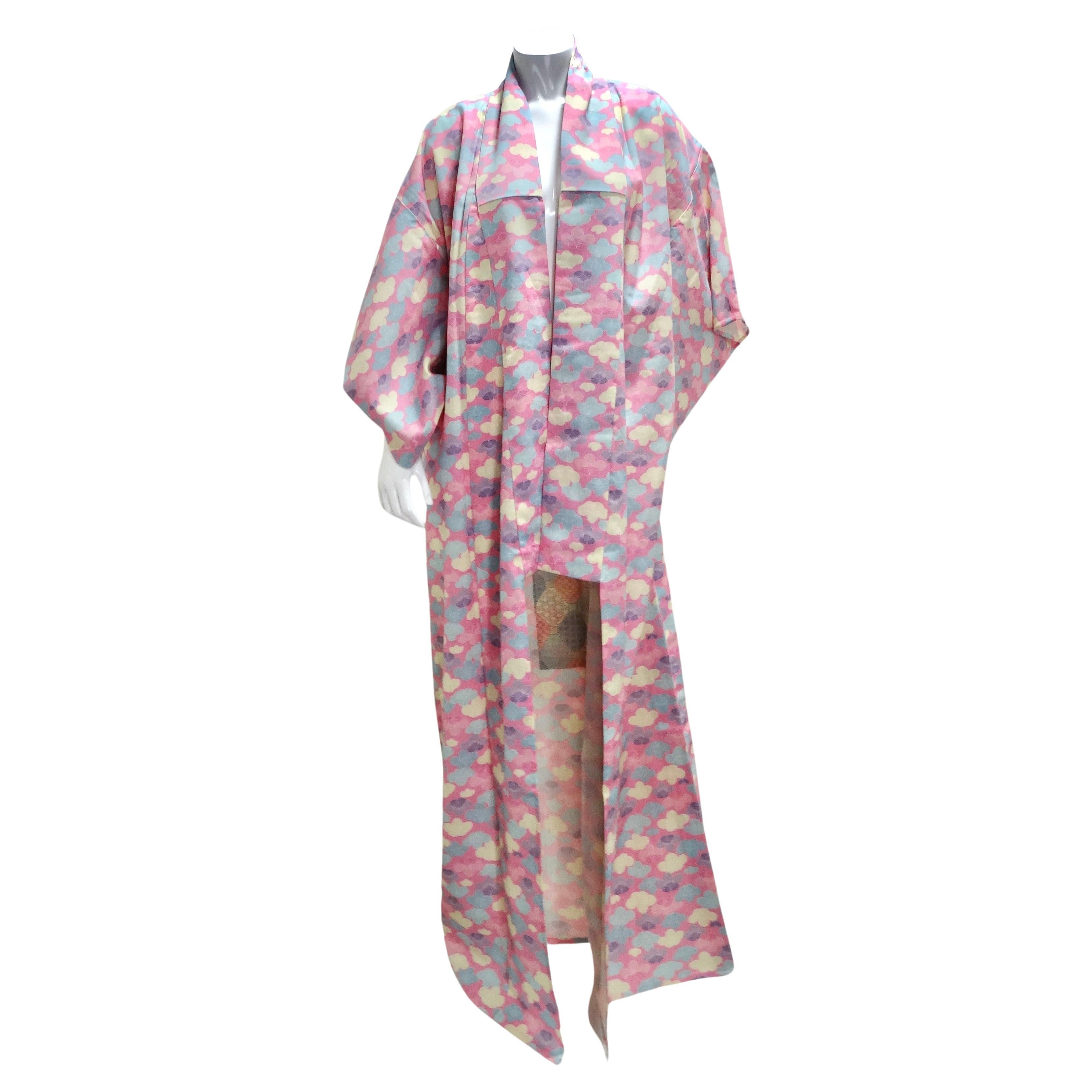 Kimono long japonais fabriqué à la main en coton rose des années 1970