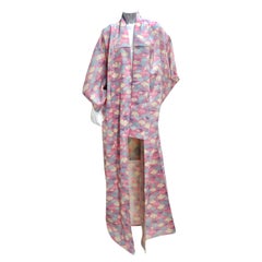 Vintage 1970s Handmade Japanese Pink Cotton Long Kimono