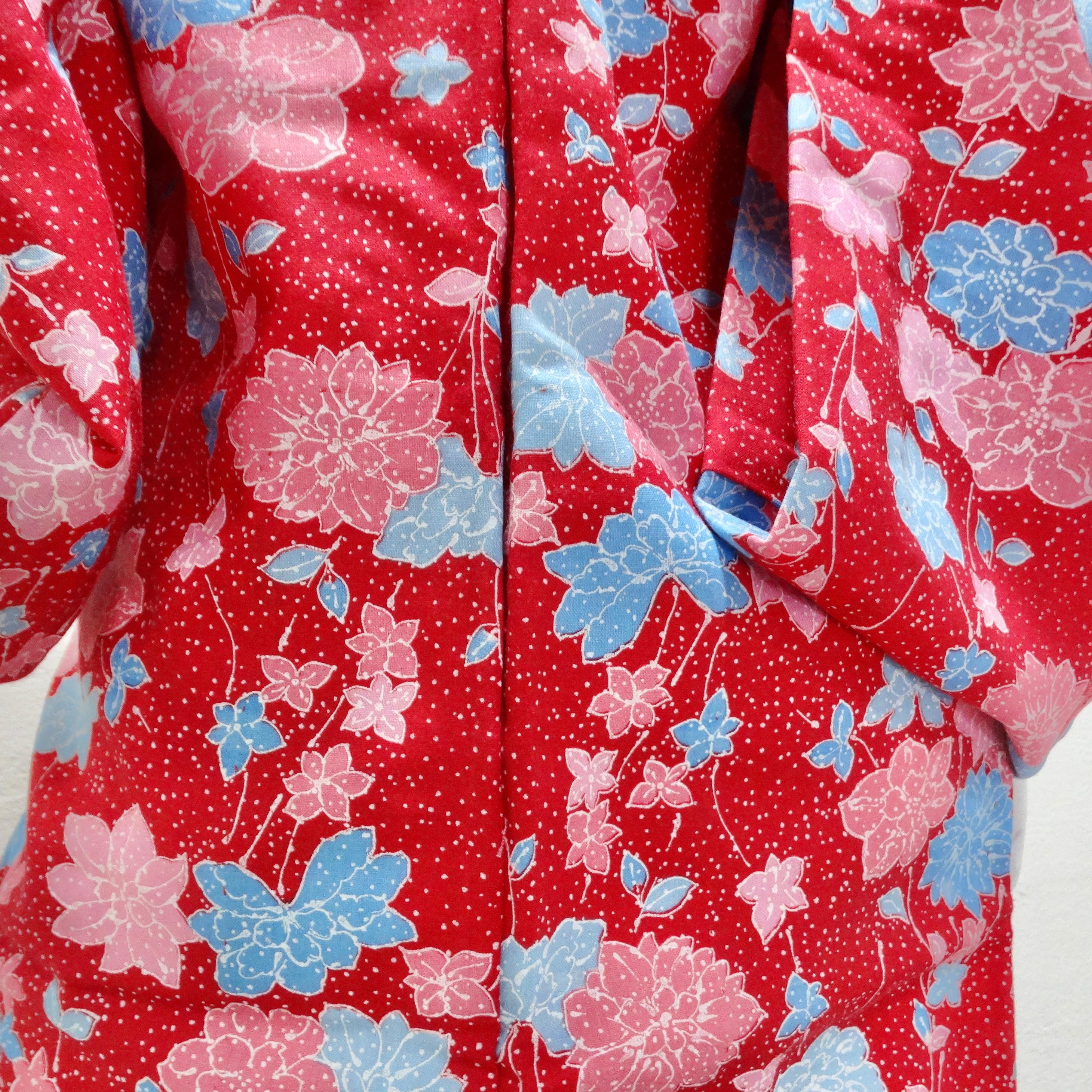 1970er Handgefertigter japanischer Kimono aus roter Baumwolle im Angebot 3
