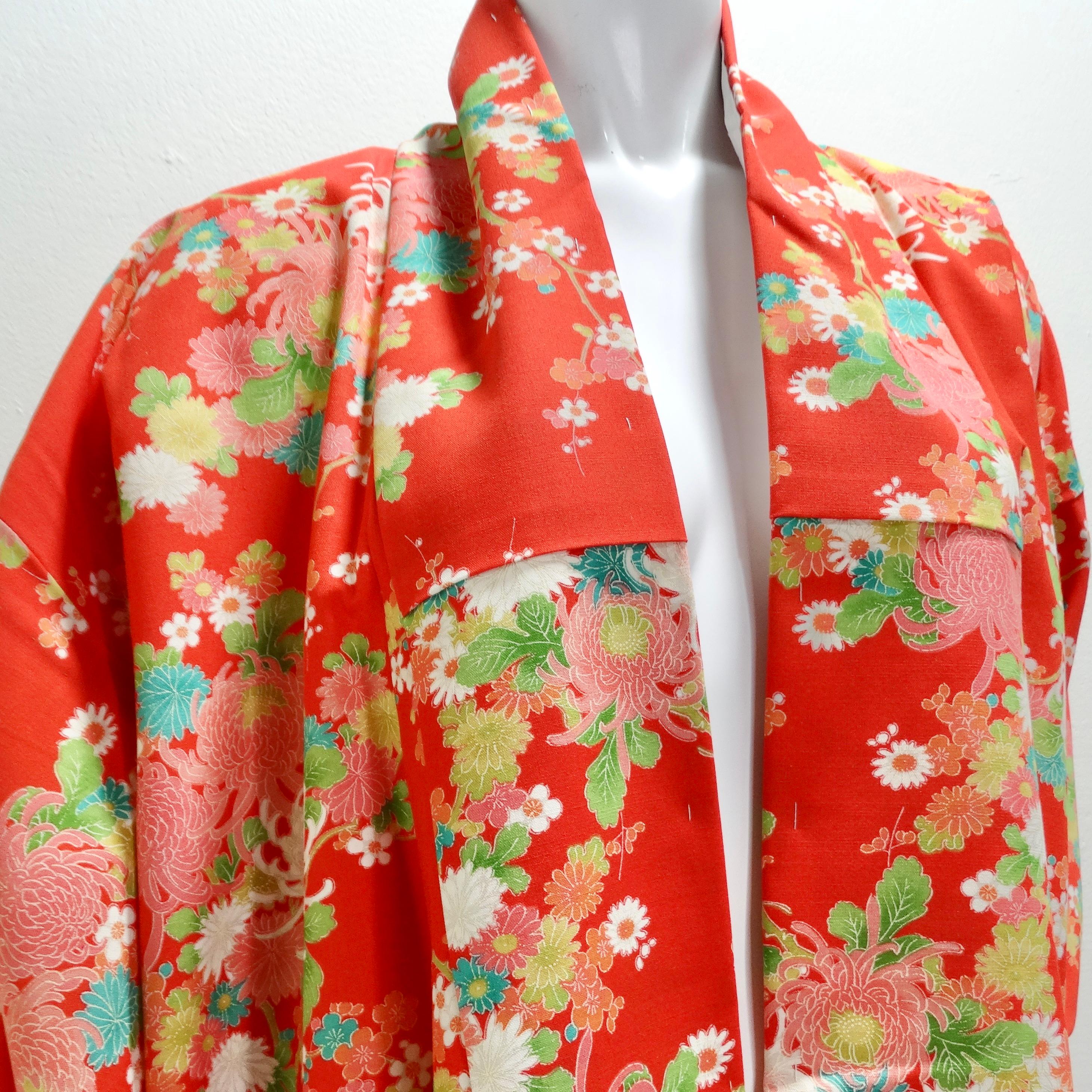 Orange 1970s Handmade Japanese Red Floral Long Kimono For Sale