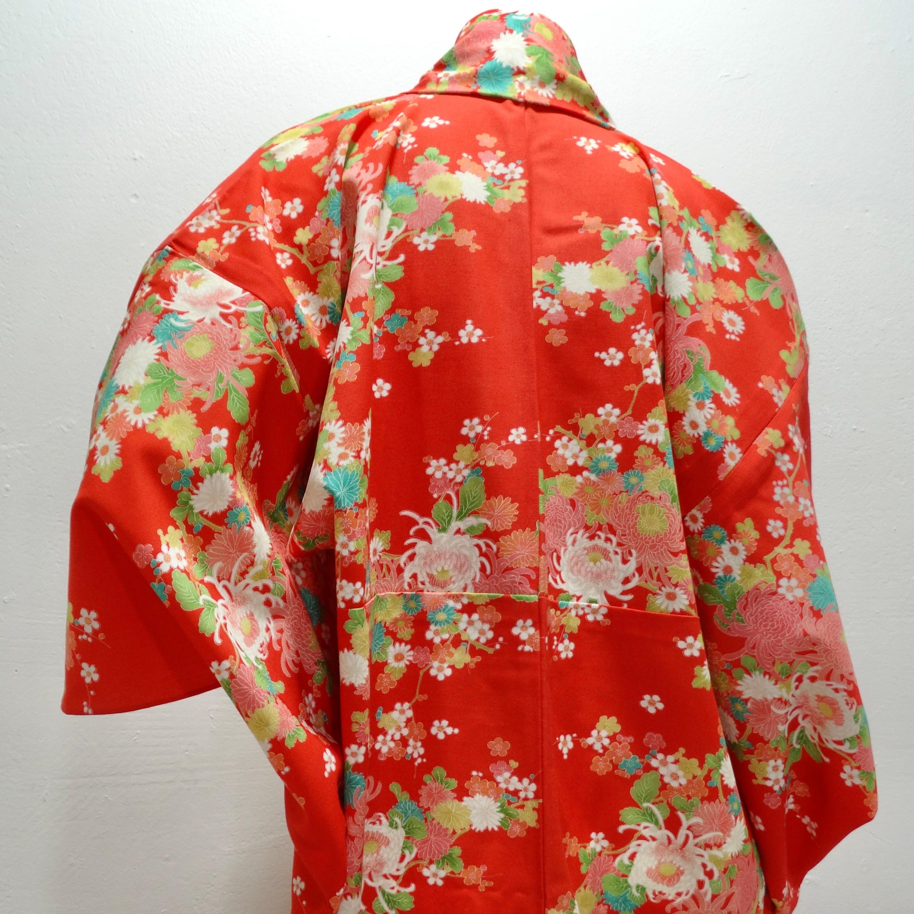 1970s Handmade Japanese Red Floral Long Kimono For Sale 2