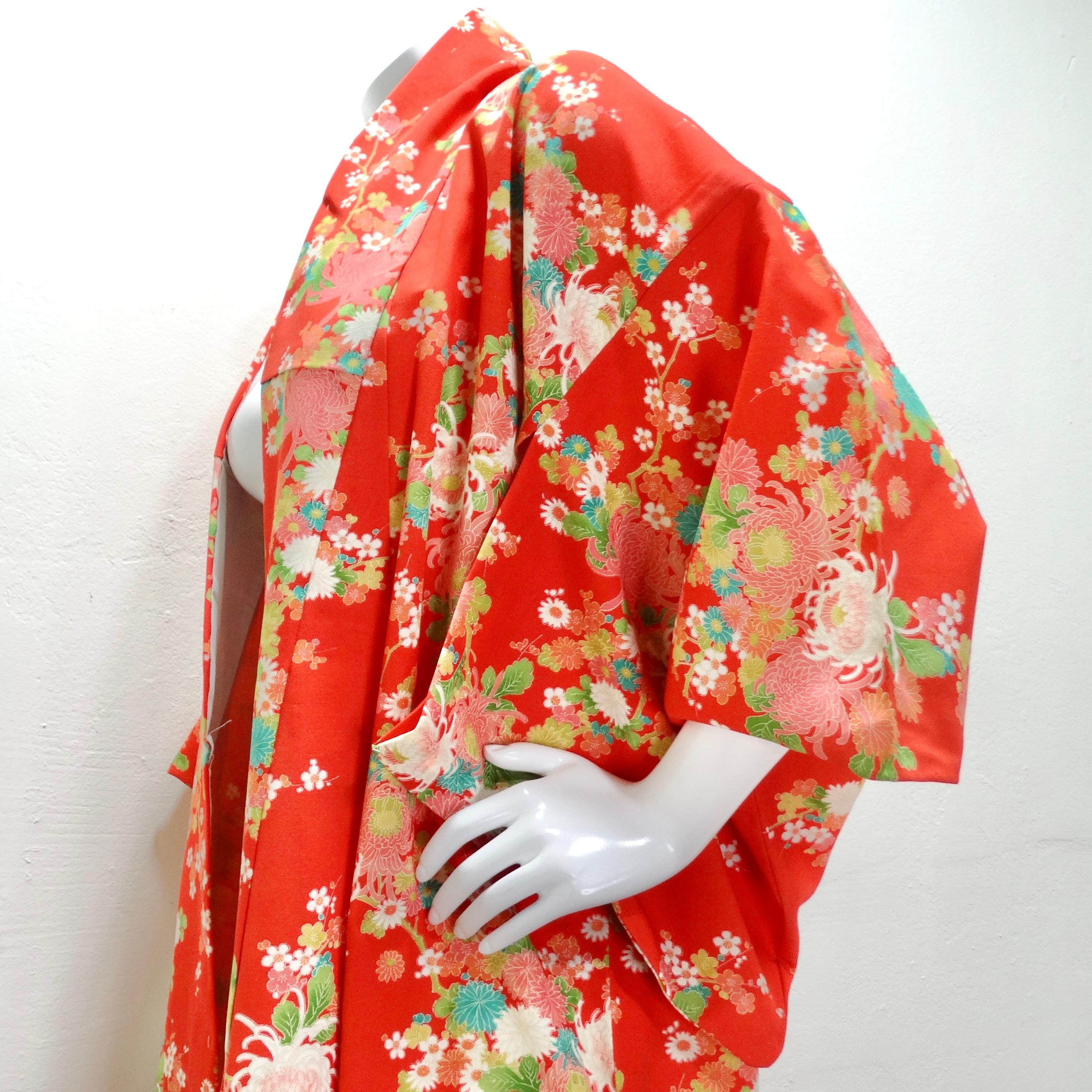 1970s Handmade Japanese Red Floral Long Kimono For Sale 4
