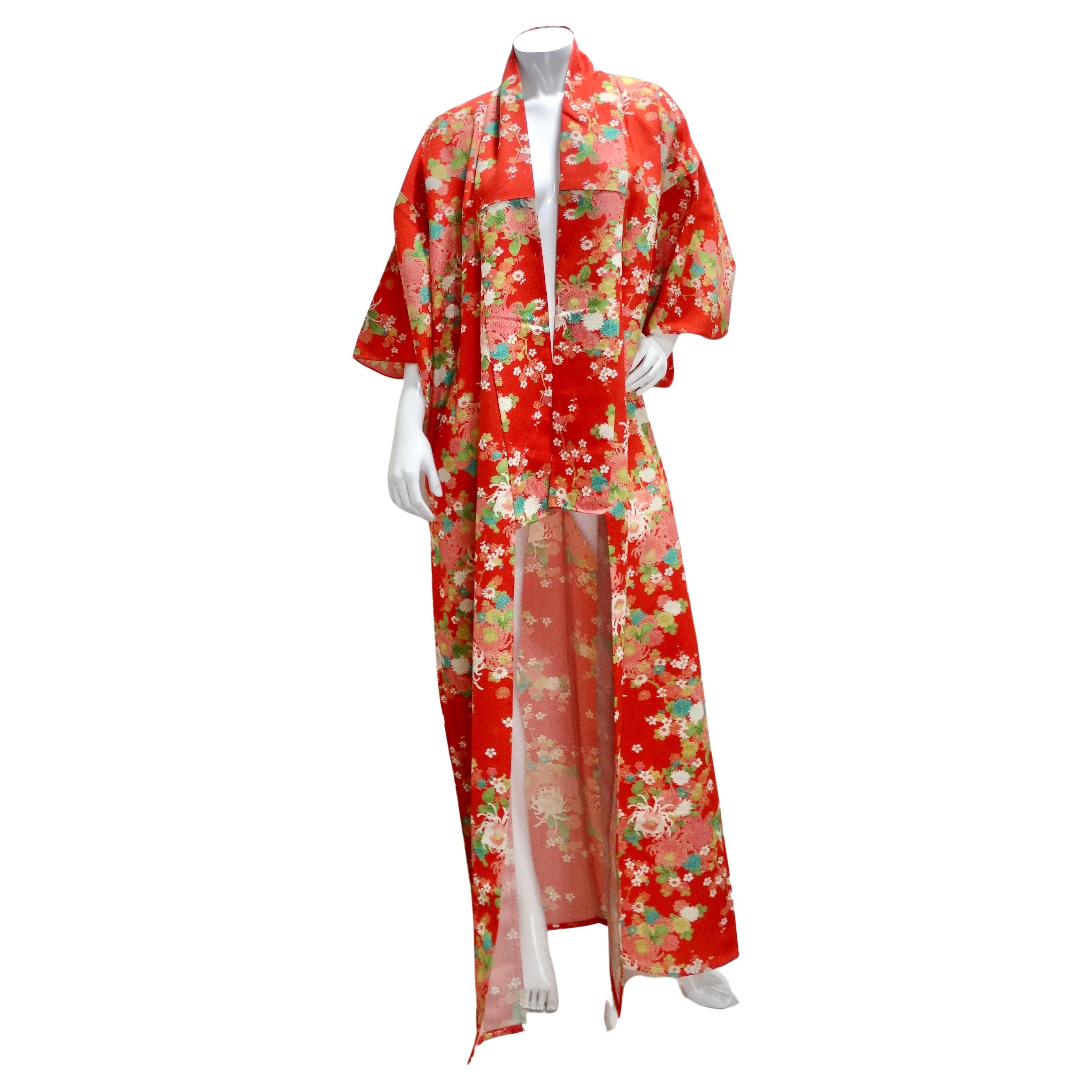 1970s Handmade Japanese Red Floral Long Kimono For Sale