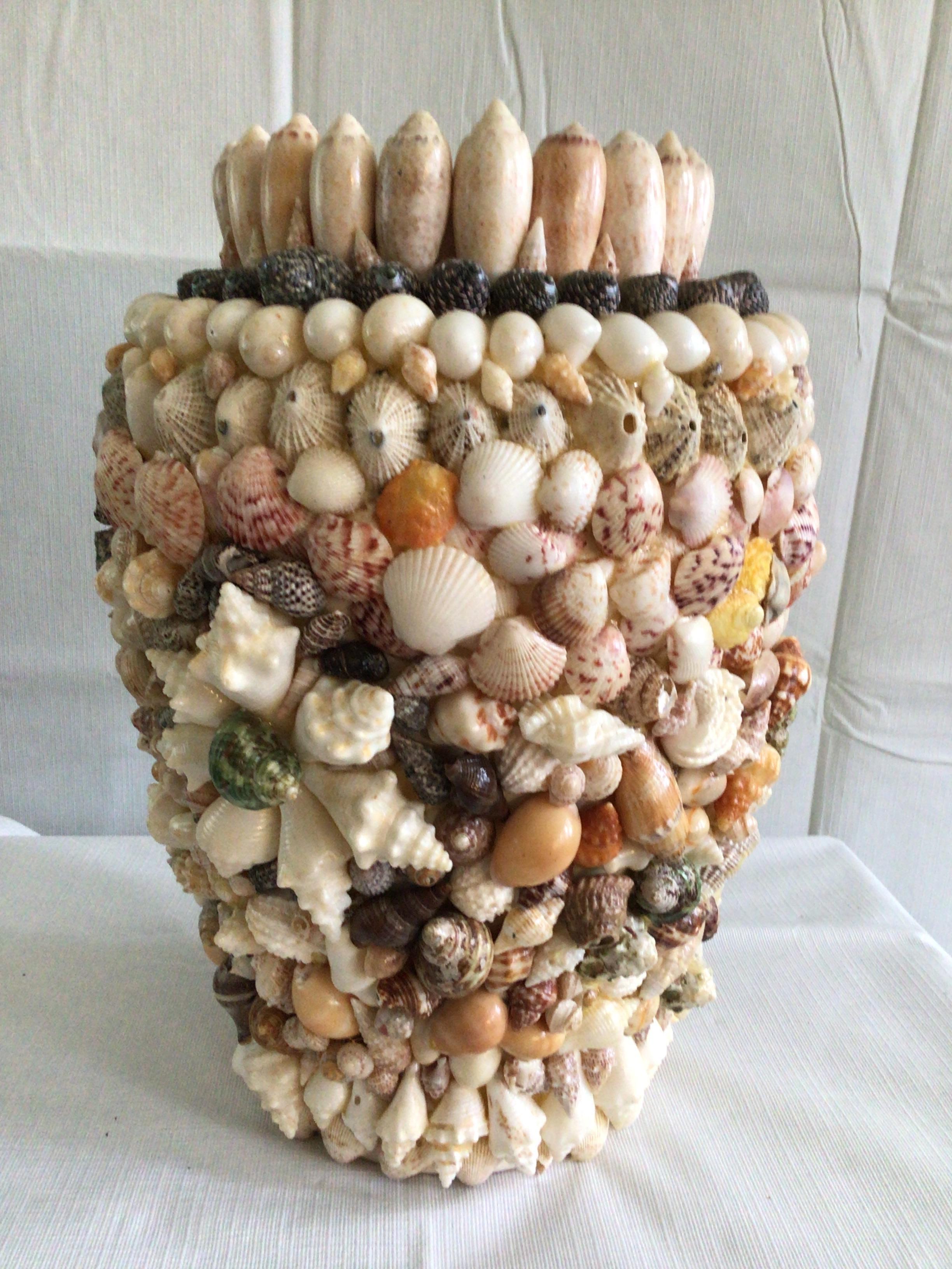 1970s handmade shell art vase.