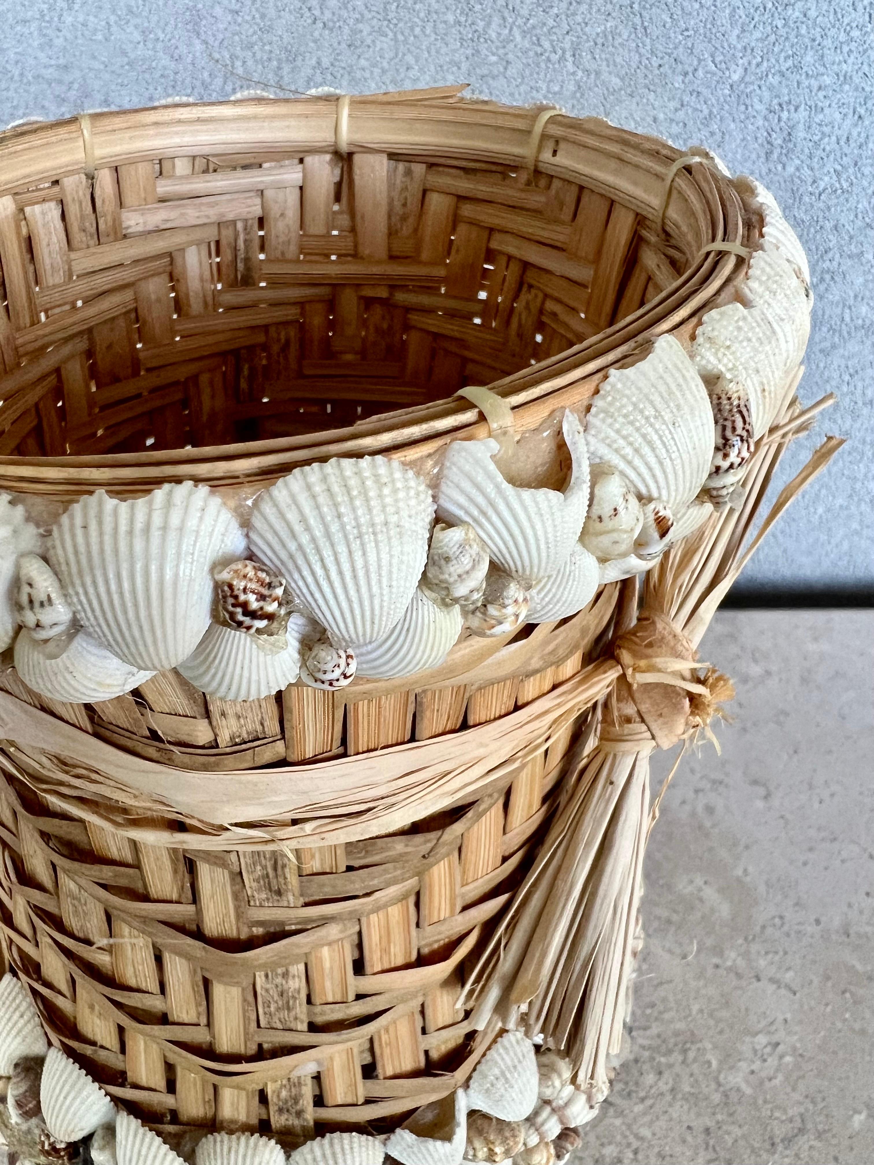 Rattan 1970's Handmade Shell Art Vase Made in Philippines For Sale