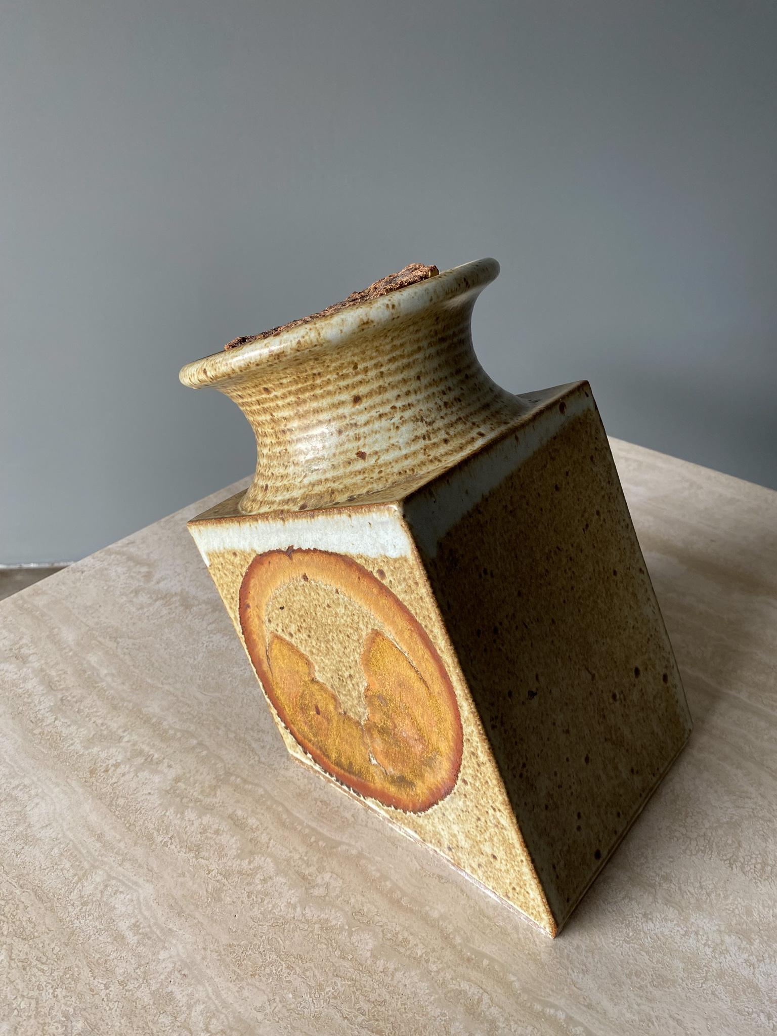 1970s Handmade Signed Ceramic Jar with Cork Lid 12