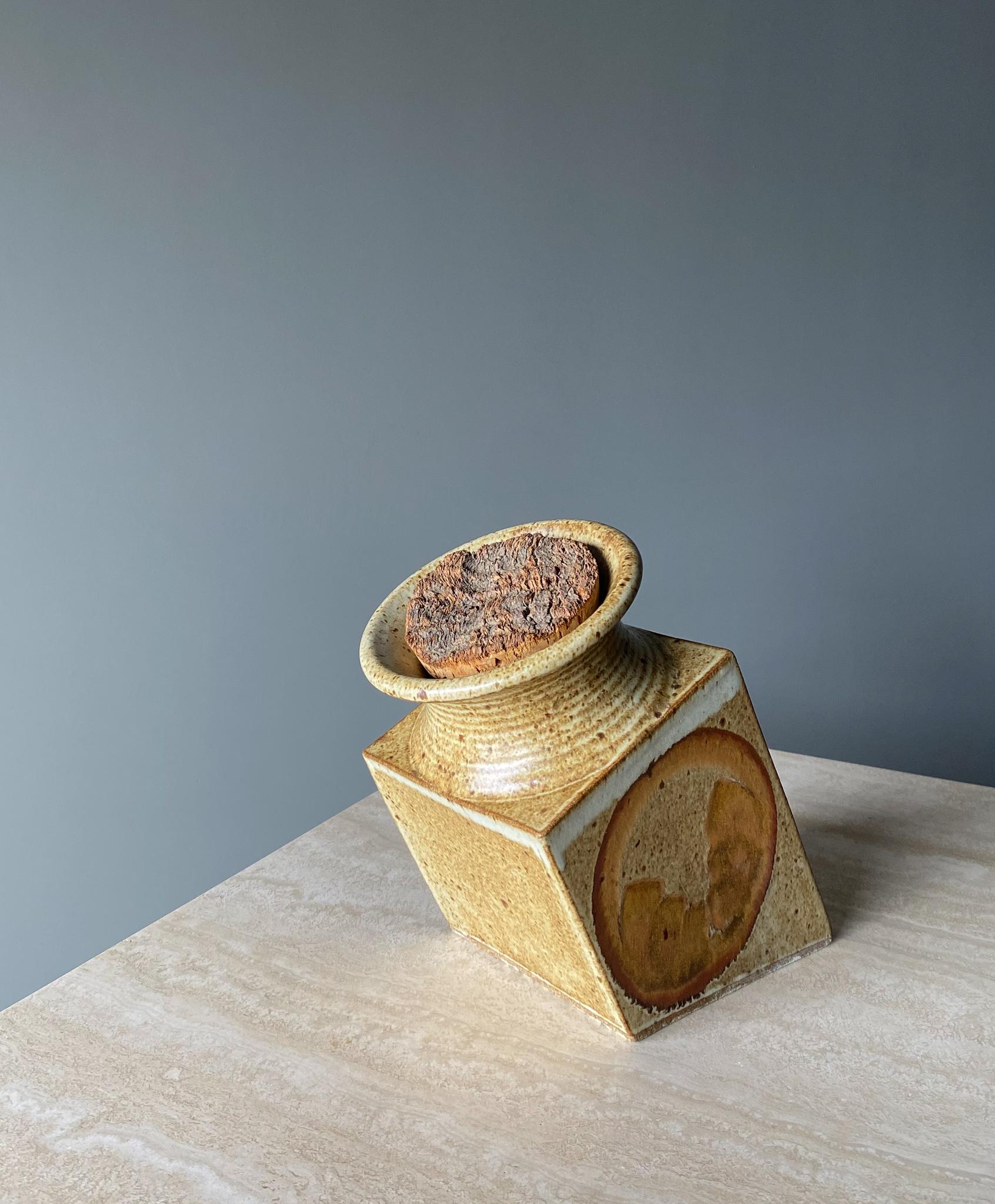 Mid-Century Modern 1970s Handmade Signed Ceramic Jar with Cork Lid
