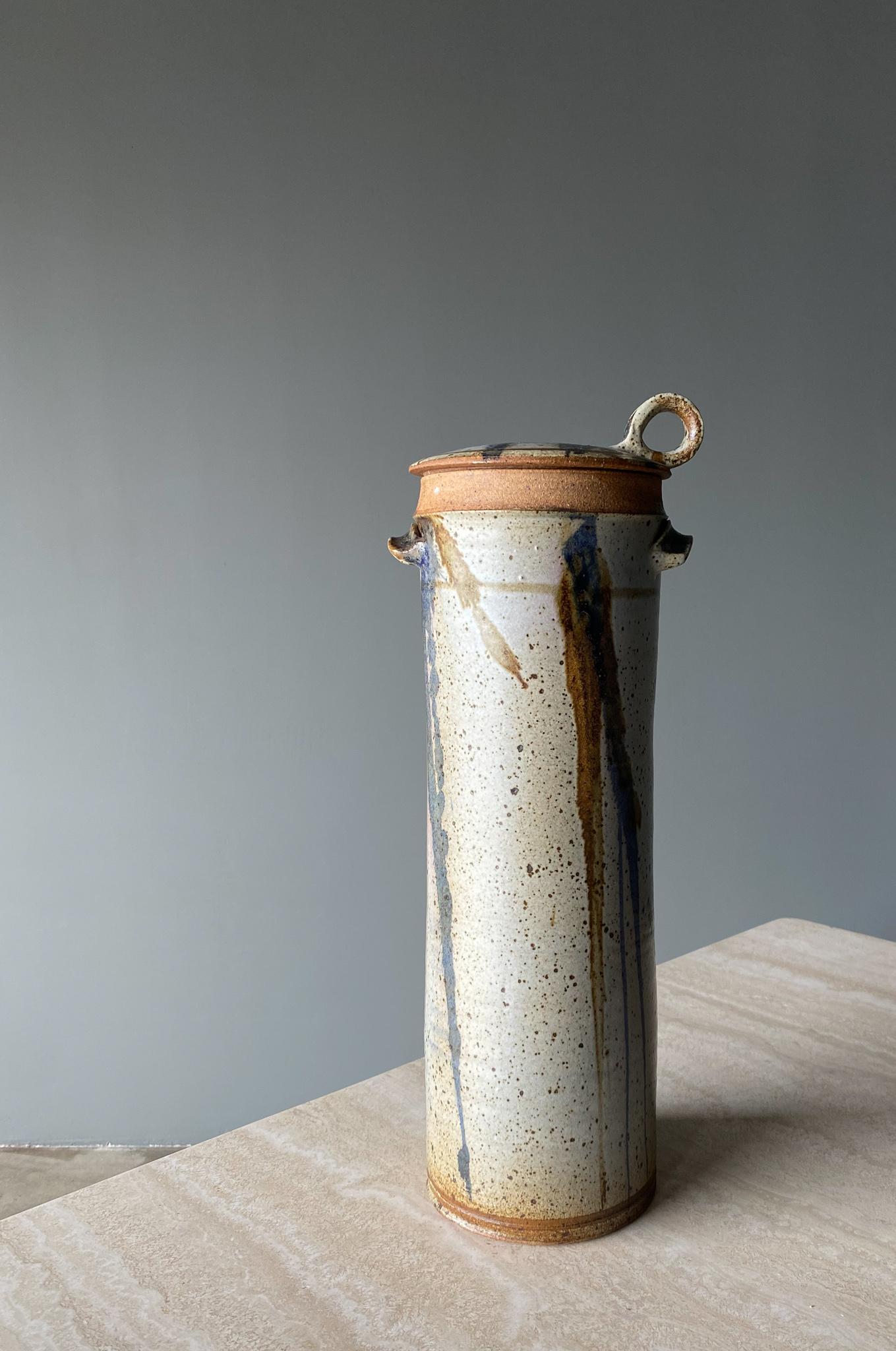 1970s Handmade Tall Signed Ceramic Lidded Jar, 1970s.