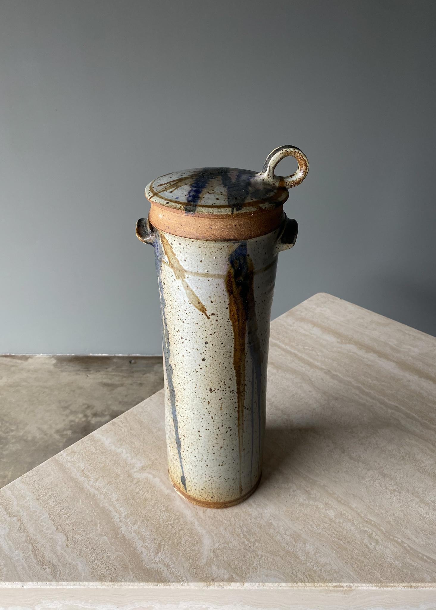 American 1970s Handmade Tall Signed Ceramic Lidded Jar, 1970s For Sale