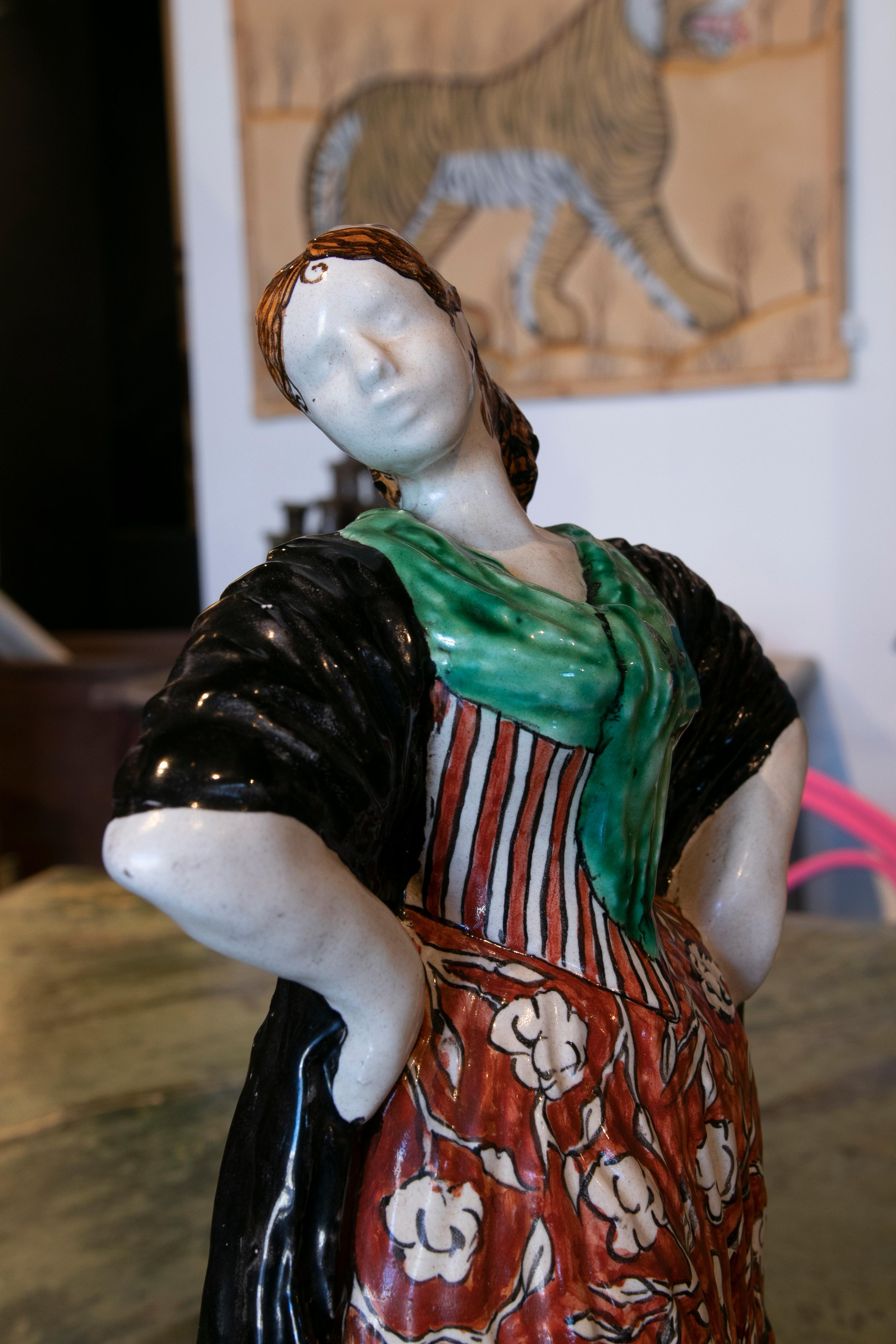 1970s Handpainted Glazed Ceramic Sculpture of a Woman in Typical Clothing For Sale 4
