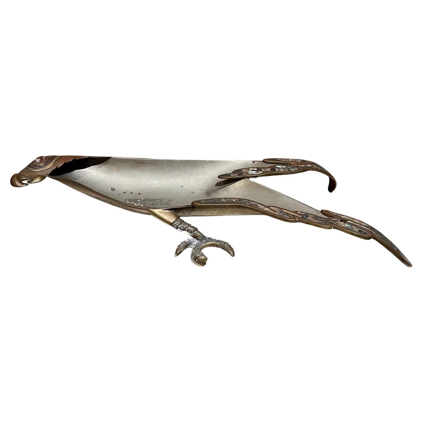 1970s Handwrought Parrot Dish Metal Stone Style Los Castillo Mexico
