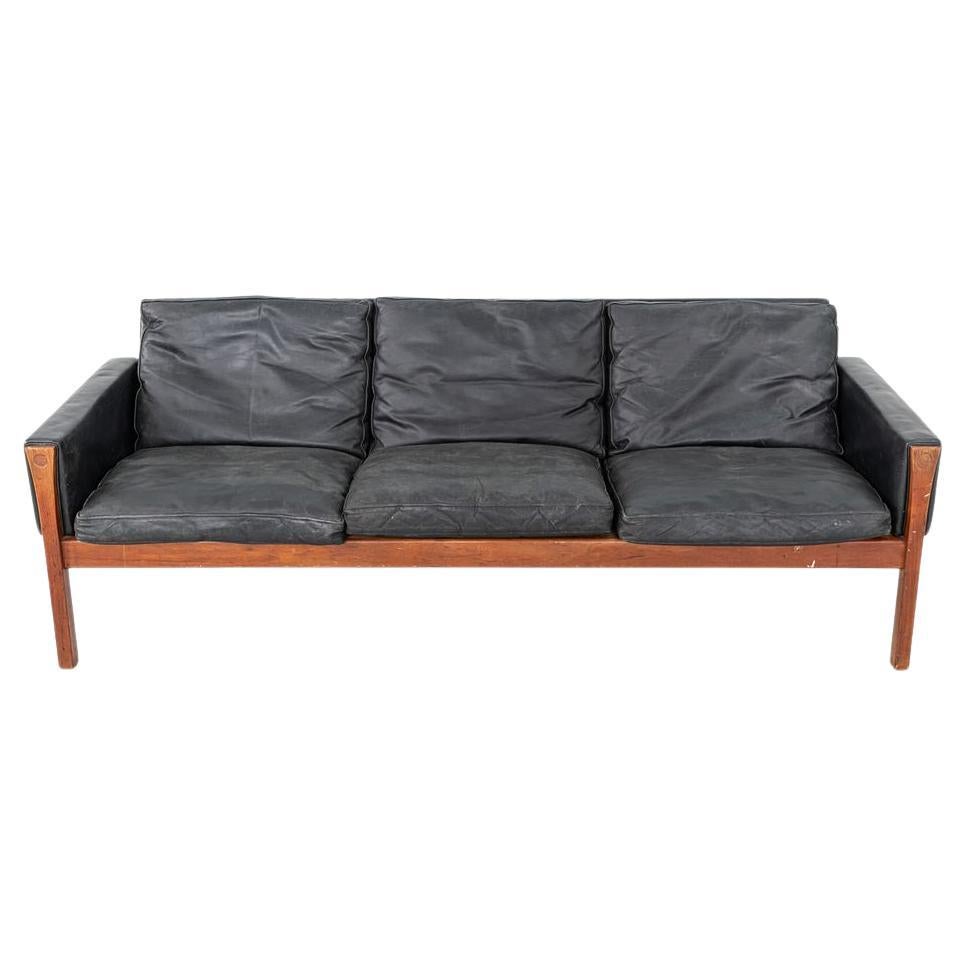 1970s Hans Wegner for A.P. Stolen AP62 Long Three Seat Sofa in Black Leather For Sale