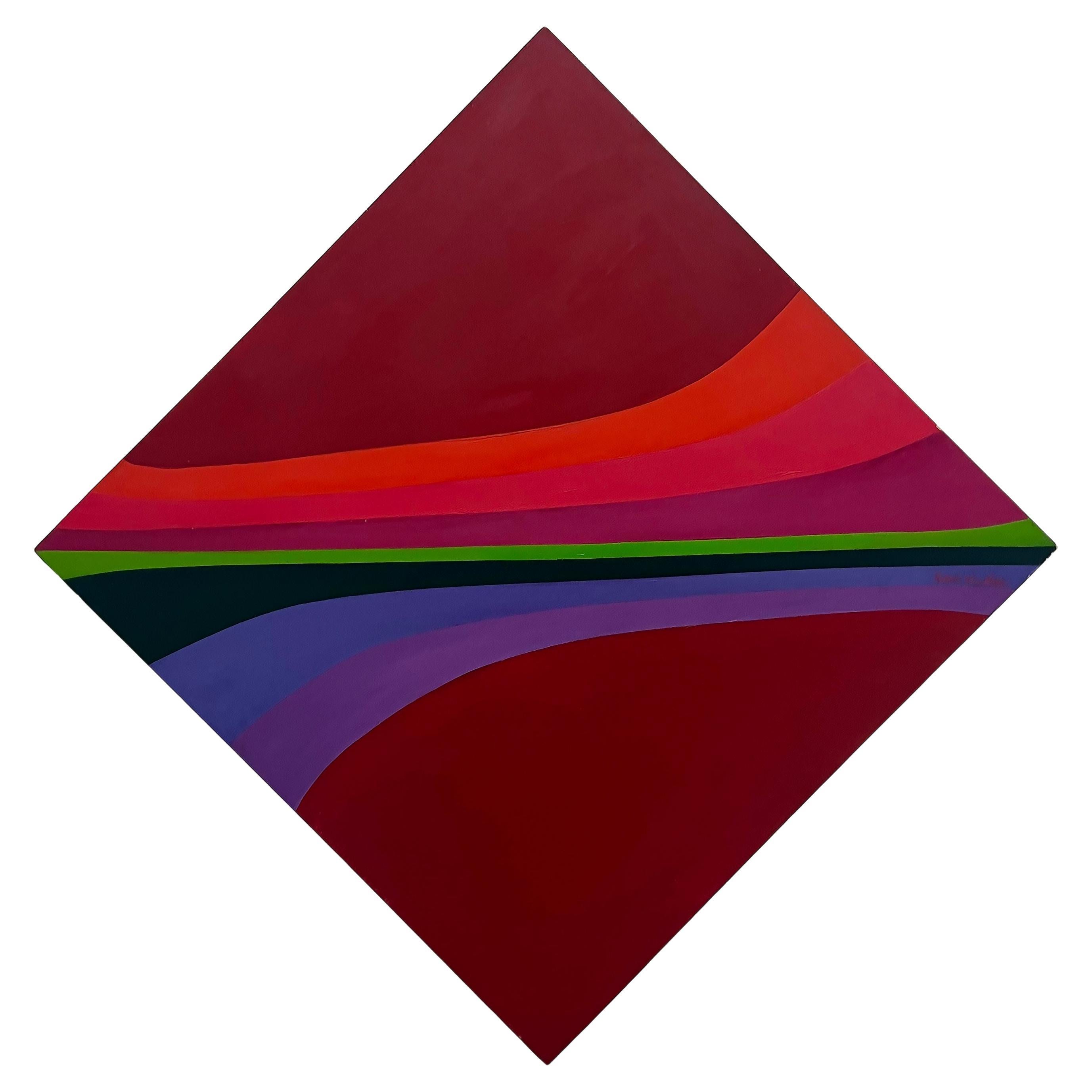 Peinture géométrique abstraite sur toile Hard Edge des années 1970,  Signé   