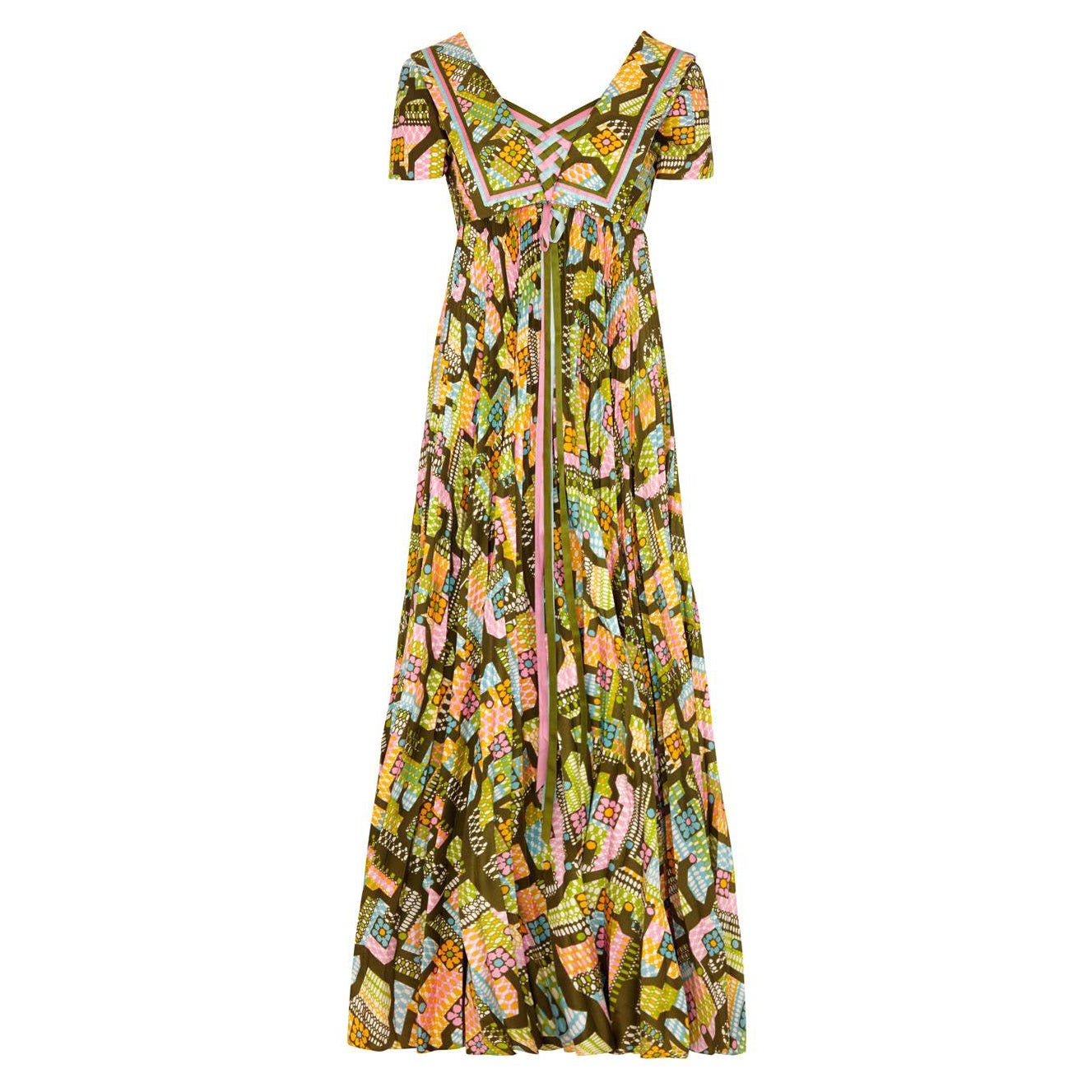 Hardy Amies plissiertes Maxikleid mit abstraktem Druck 1970er Jahre