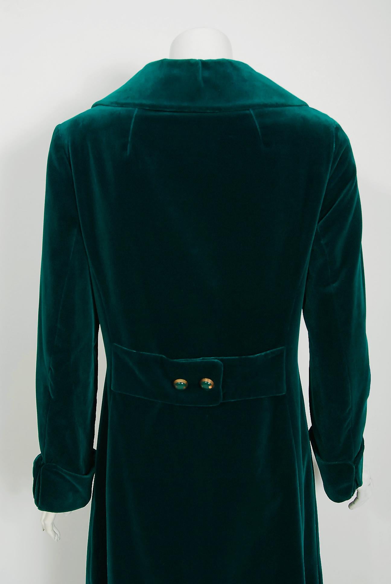 Black Vintage 1970's Harella of England Teal Blue-Green Velvet Back Belted Maxi Coat For Sale