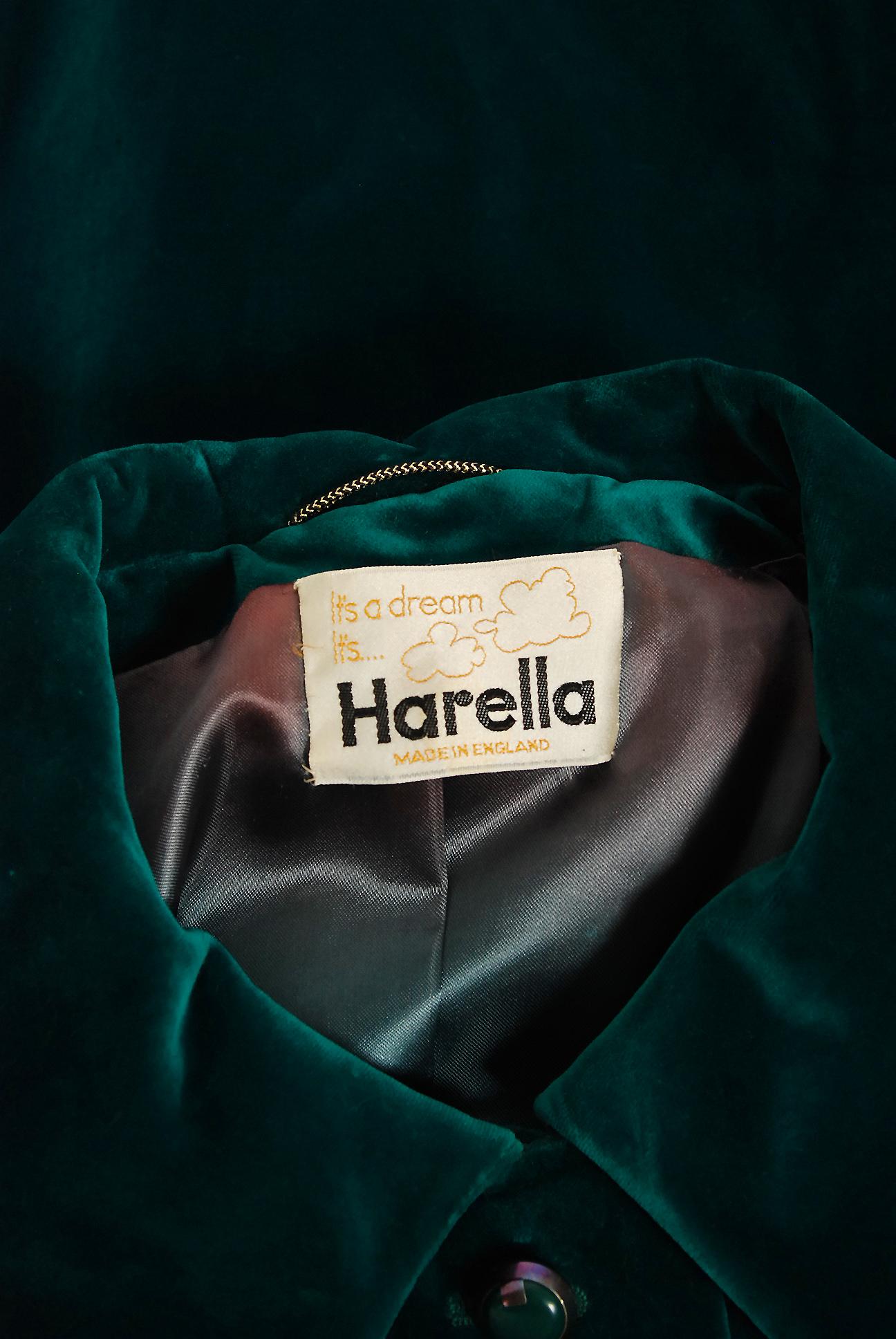 Vintage 1970's Harella of England Teal Blue-Green Velvet Back Belted Maxi Coat In Good Condition For Sale In Beverly Hills, CA
