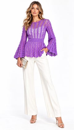 1970s Harilela’s Hong Kong Purple Wool Hand Crochet Bell Sleeve Sweater Top Boho