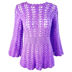 1970s Harilela’s Hong Kong Purple Wool Hand Crochet Bell Sleeve Sweater Top Boho
