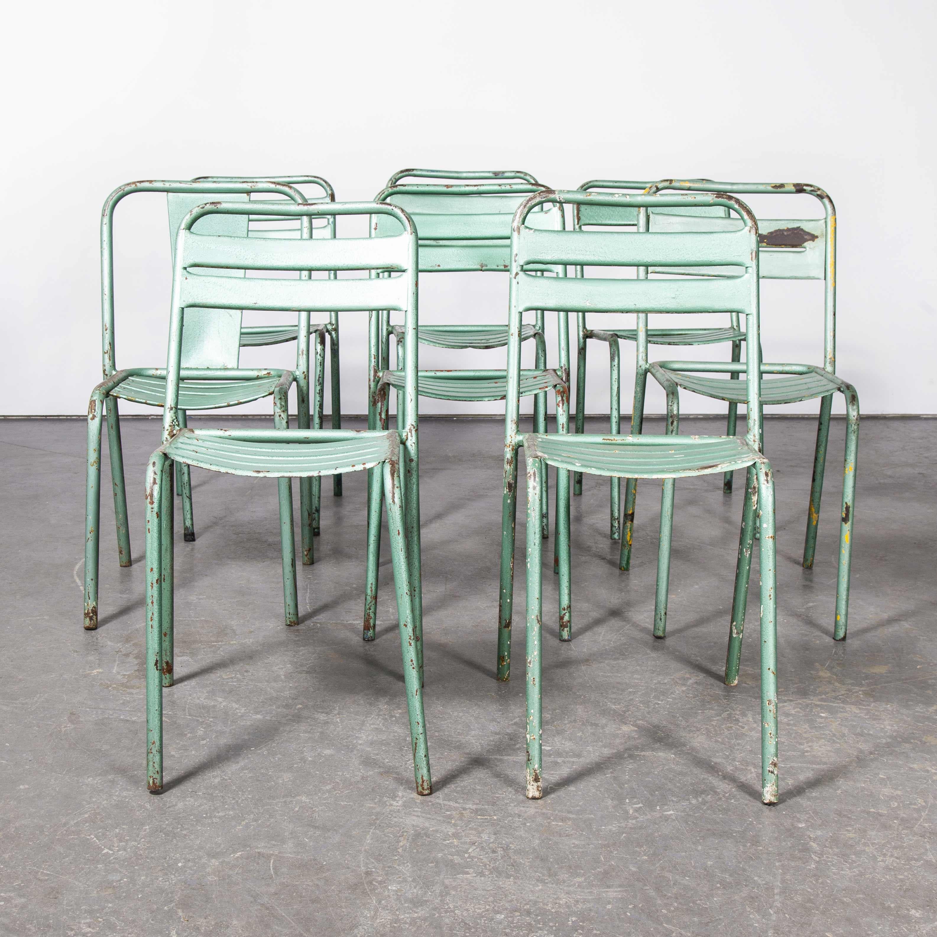 French 1970's Harlequin Set of Eight Original Green Tolix T2 Metal Café Dining Chairs