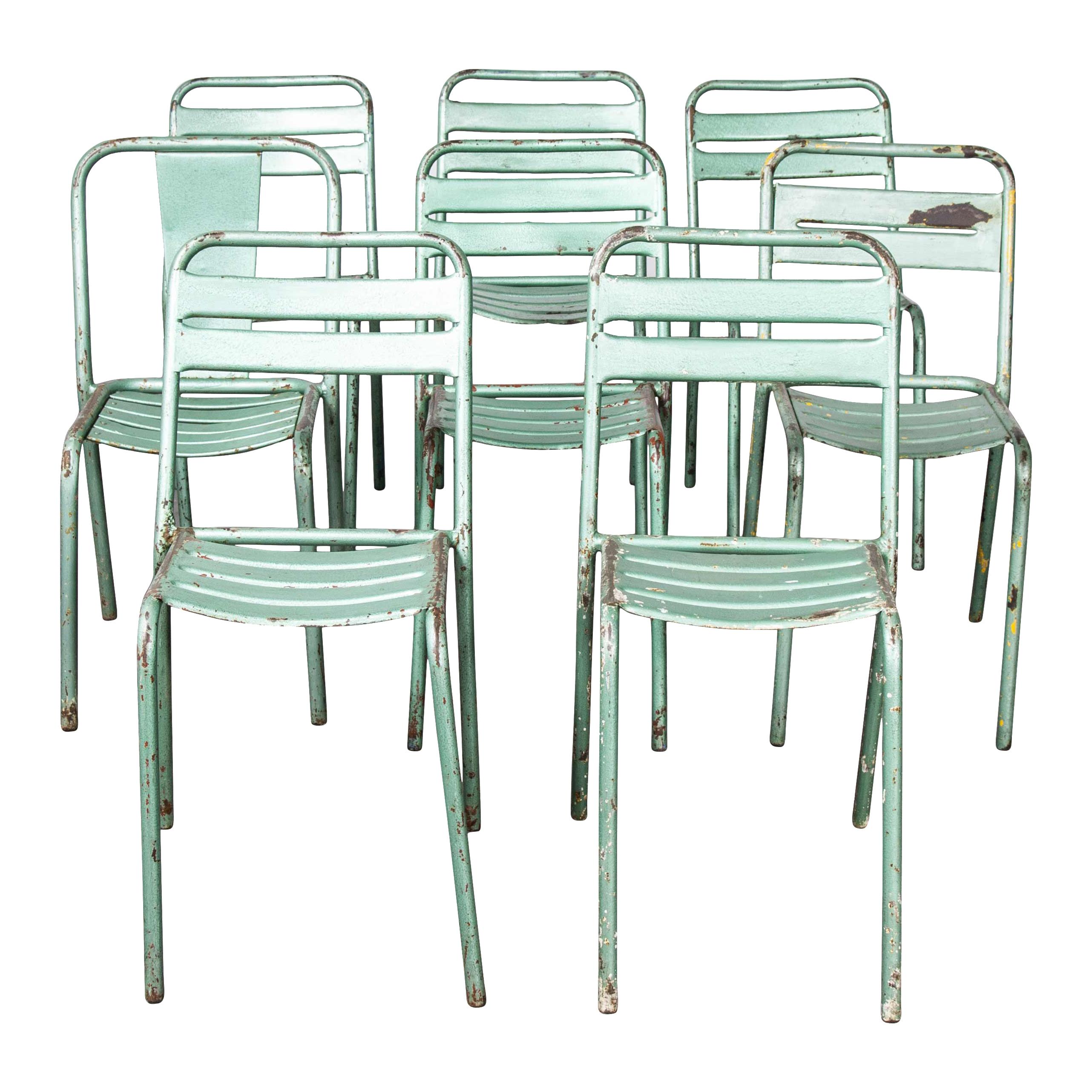 1970's Harlequin Set of Eight Original Green Tolix T2 Metal Café Dining Chairs