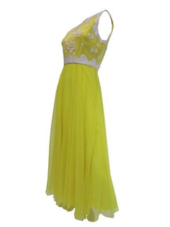 1970's Harmay Lemon Yellow Maxi Dress With Chiffon Skirt
