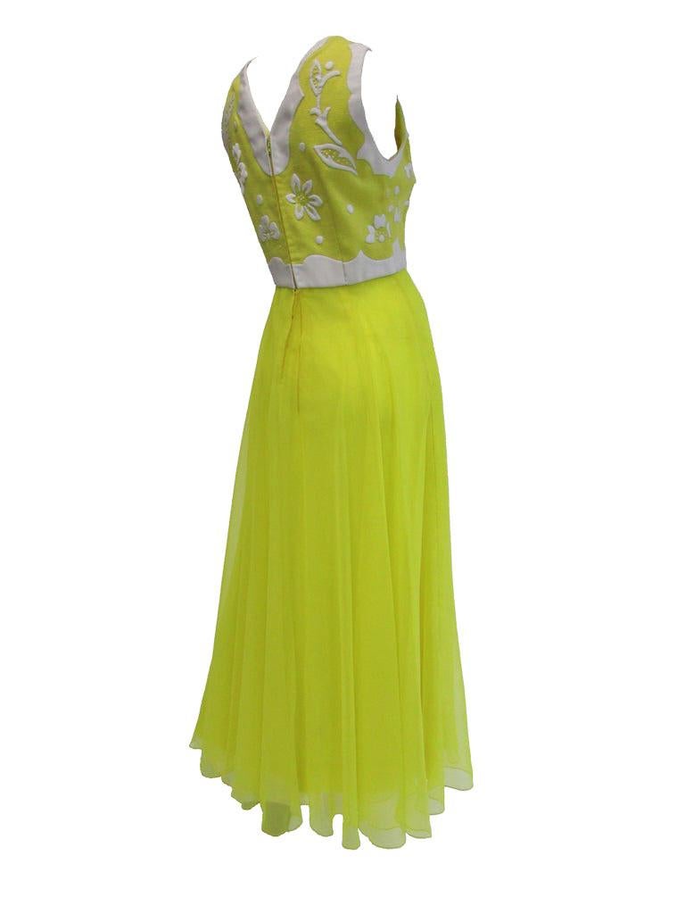 1970's Harmay Lemon Yellow Maxi Dress With Chiffon Skirt In Excellent Condition For Sale In Houston, TX