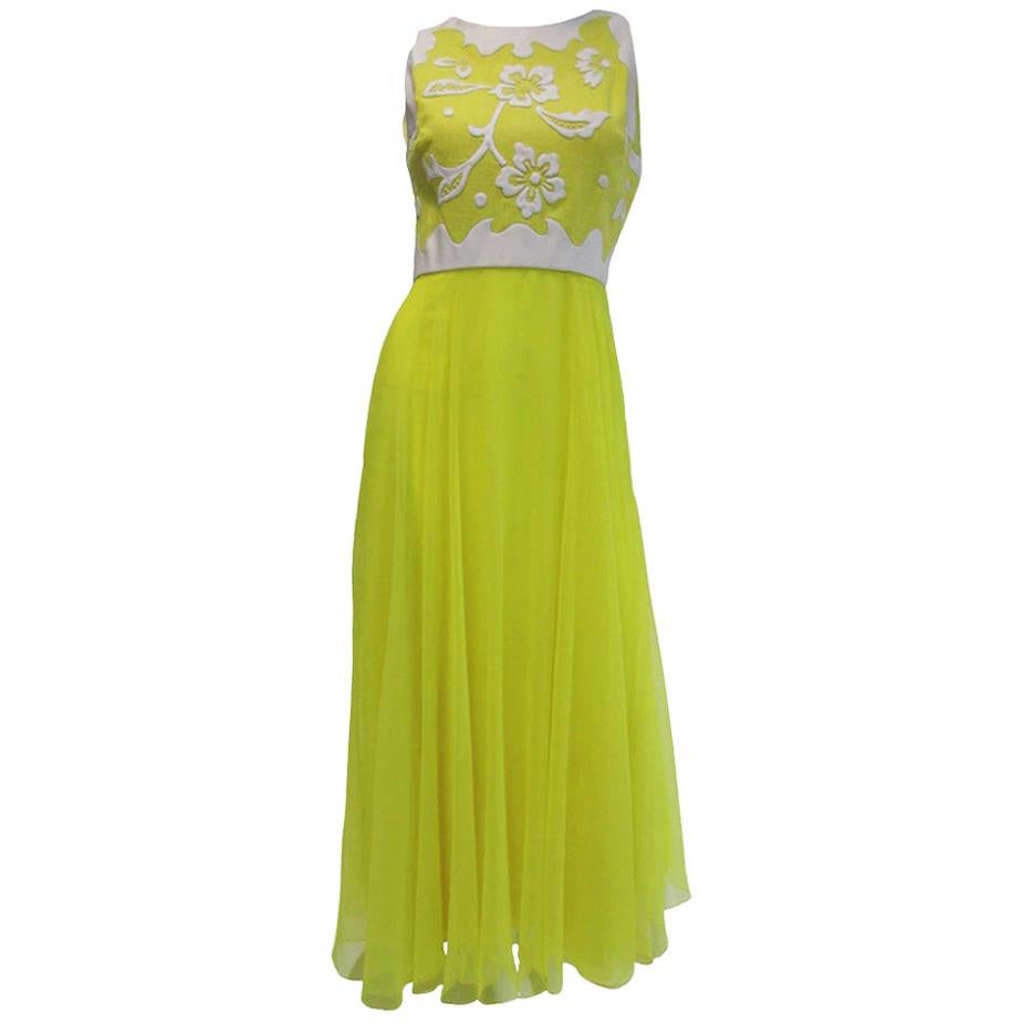 1970's Harmay Lemon Yellow Maxi Dress With Chiffon Skirt For Sale