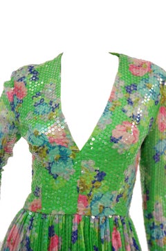 1970s Harold Levine Clear Sequined Green and Pink Floral Maxi Dress