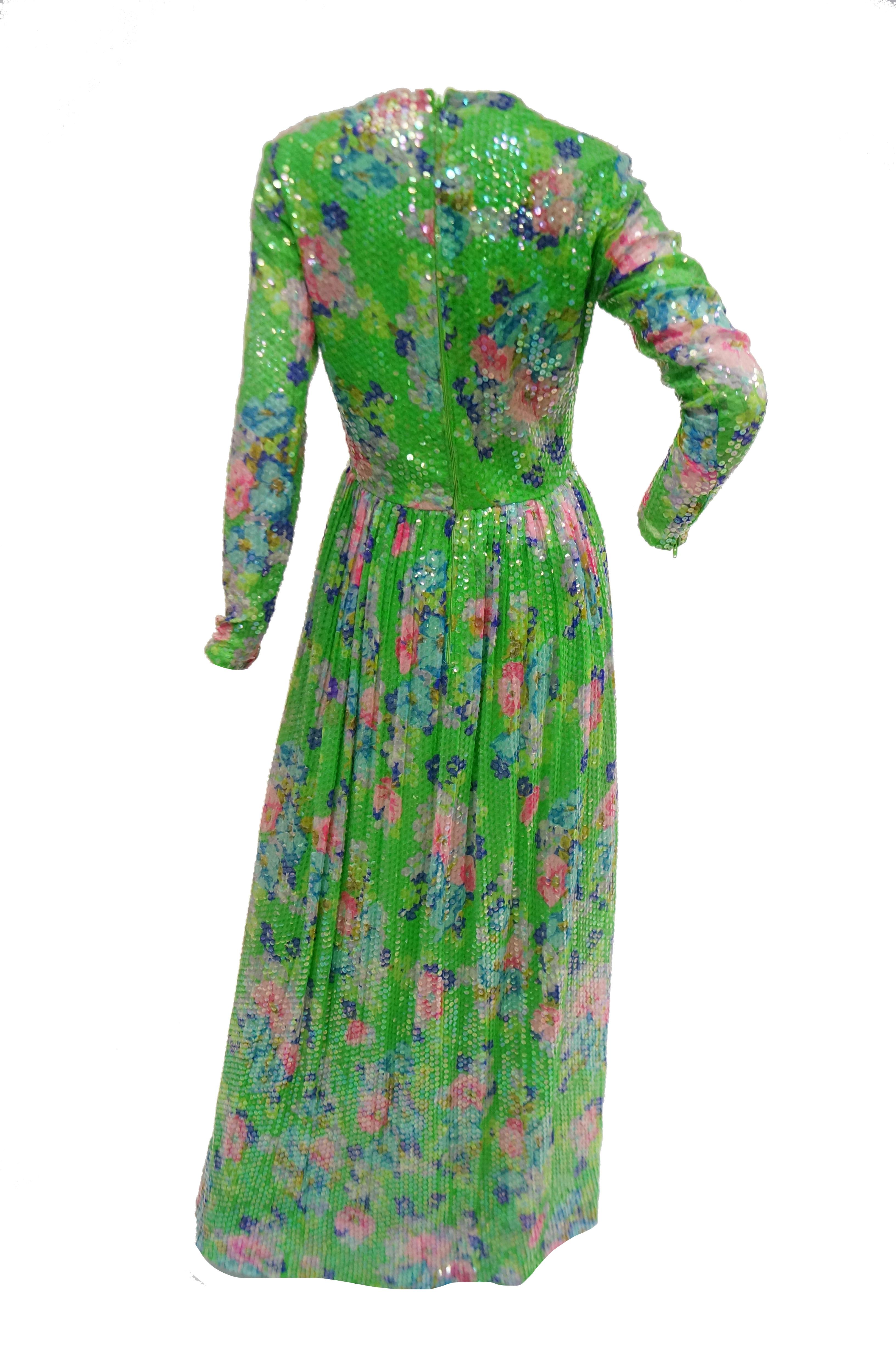 1970s Harold Levine Clear Sequined Green and Pink Floral Maxi Dress In Excellent Condition For Sale In Houston, TX