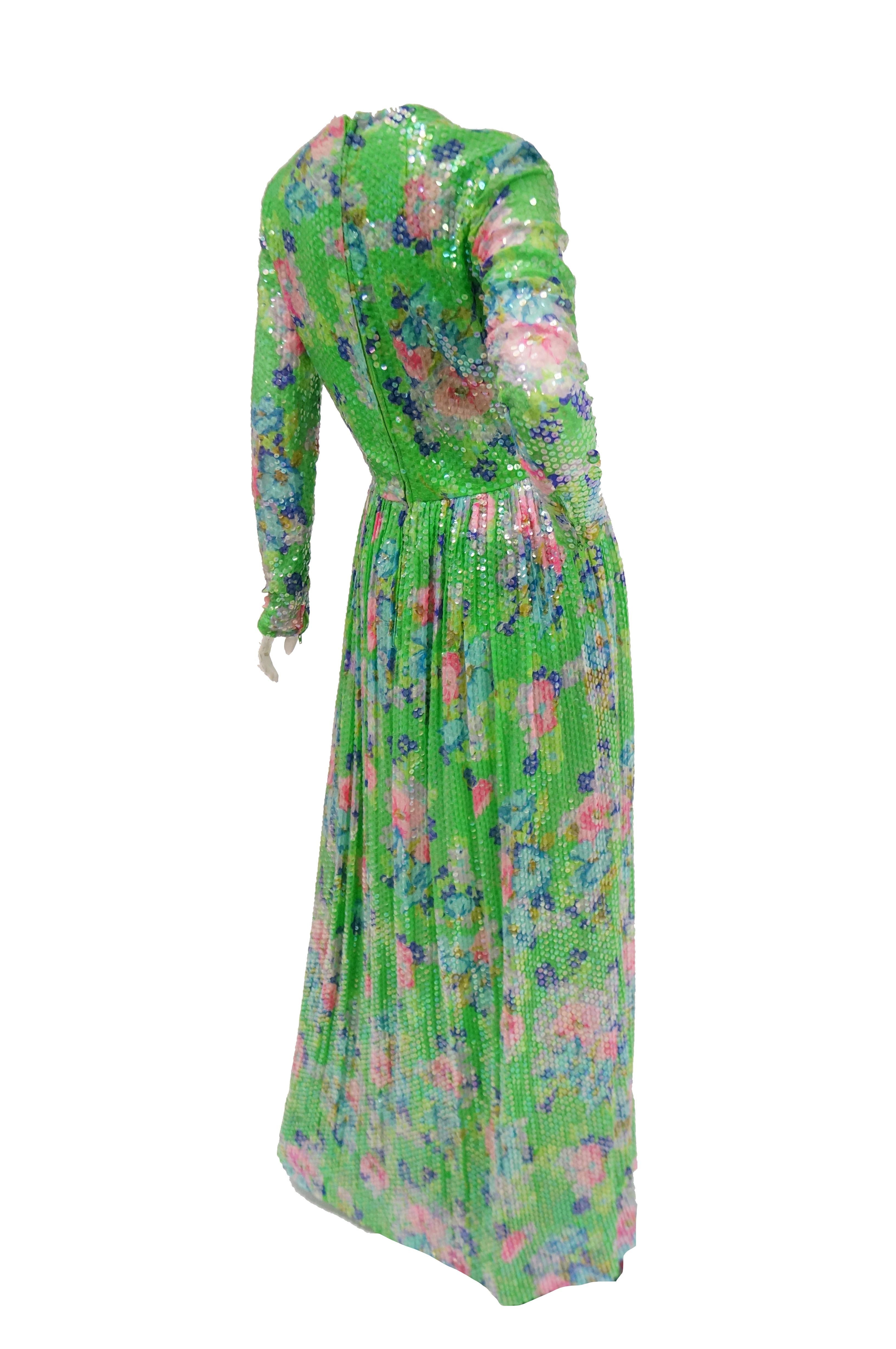 Women's 1970s Harold Levine Clear Sequined Green and Pink Floral Maxi Dress For Sale