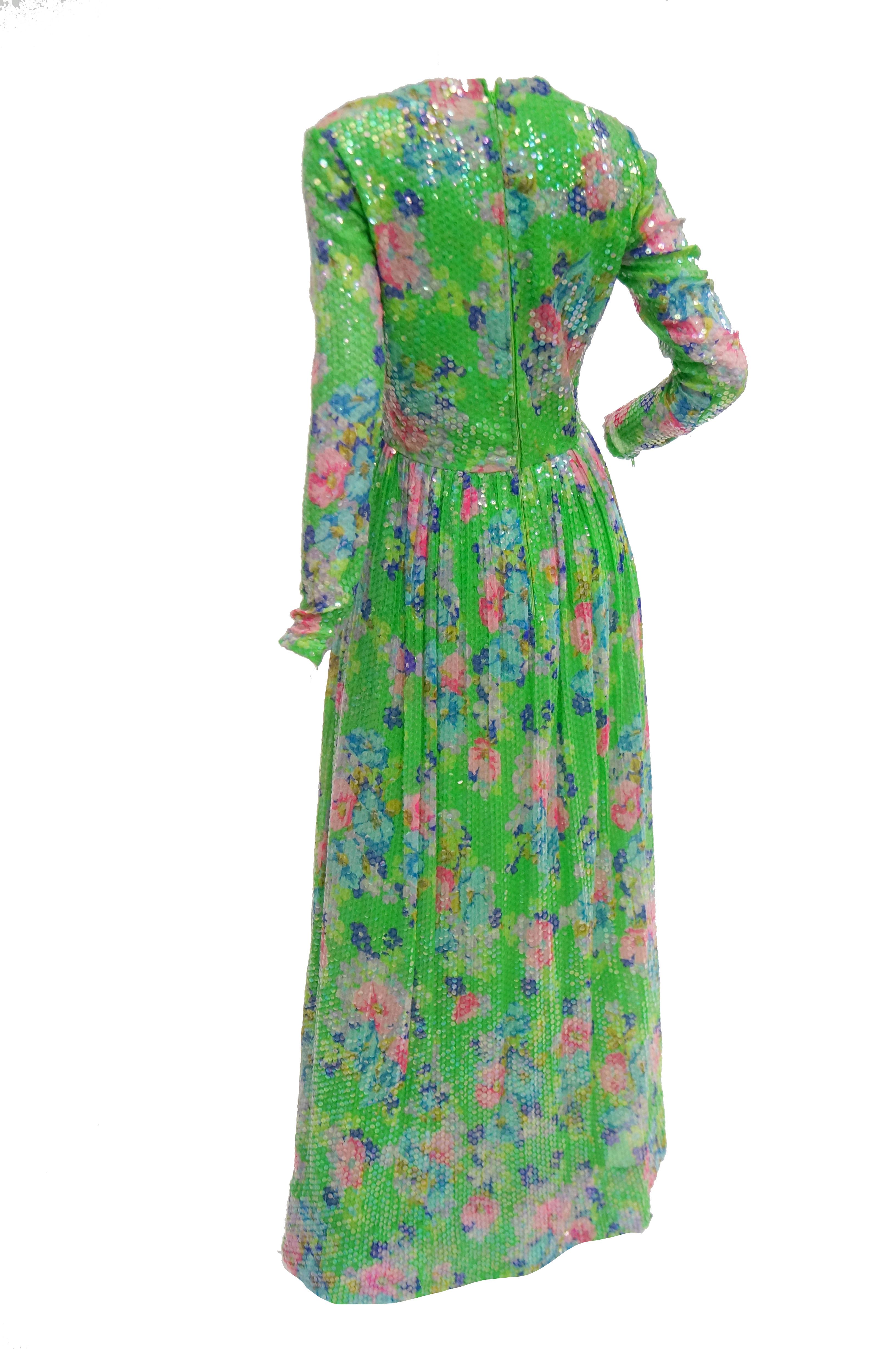 1970s Harold Levine Clear Sequined Green and Pink Floral Maxi Dress For Sale 1