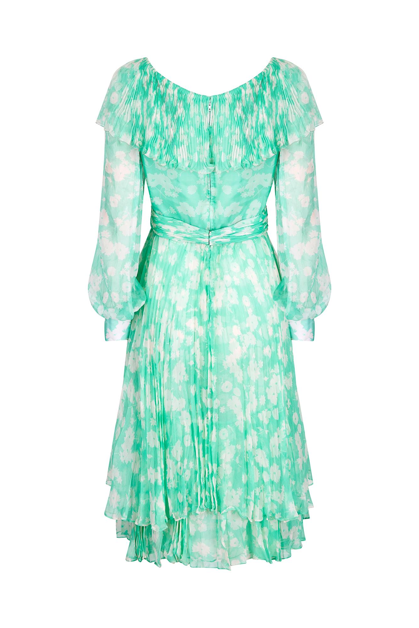 Vestido de gasa de seda verde y blanca estampado Harry Algo, años 70 Azul en venta