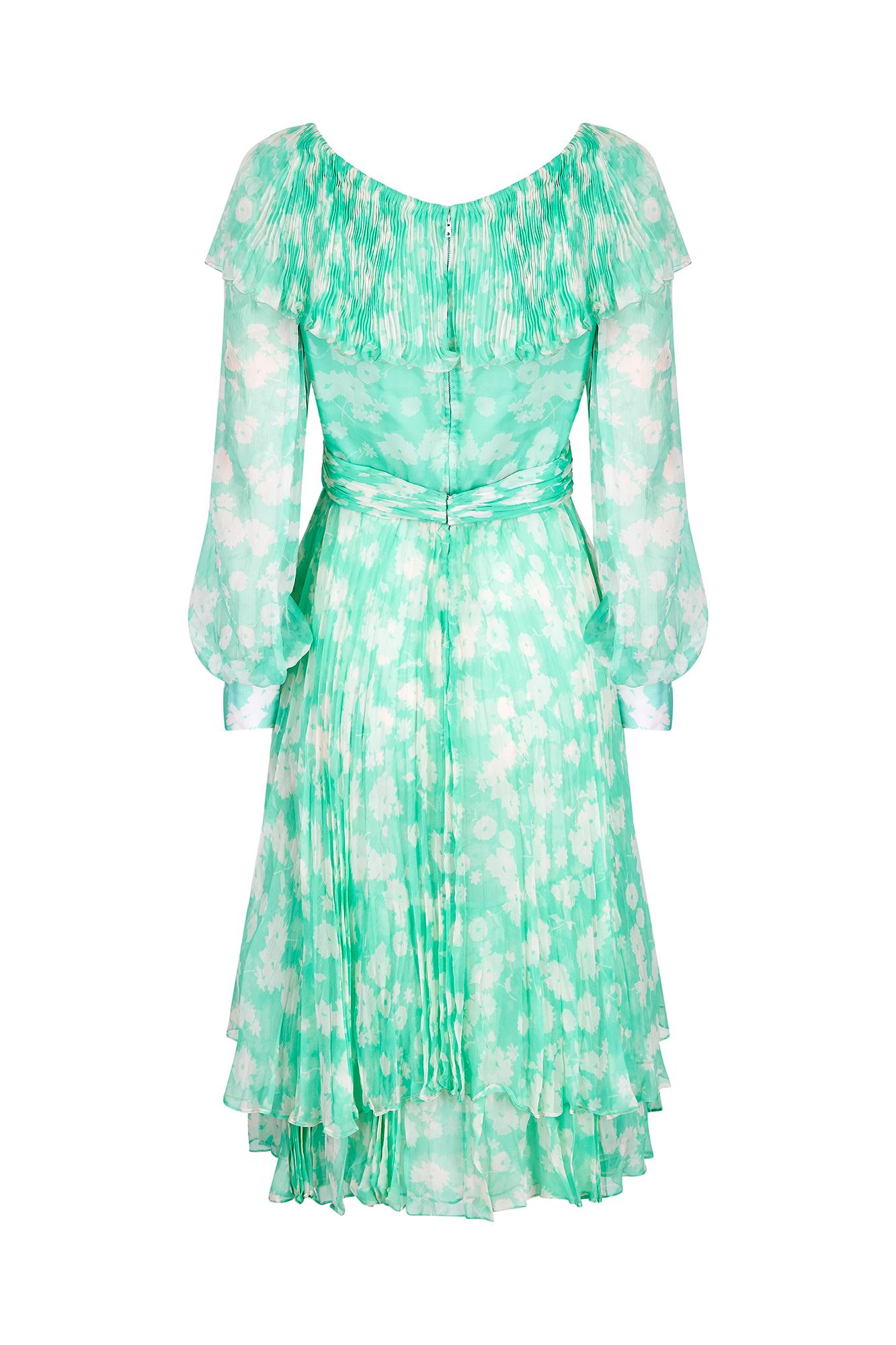 Blue 1970s Harry Algo Printed Green & White Silk Chiffon Dress With Ruffle Neckline  For Sale