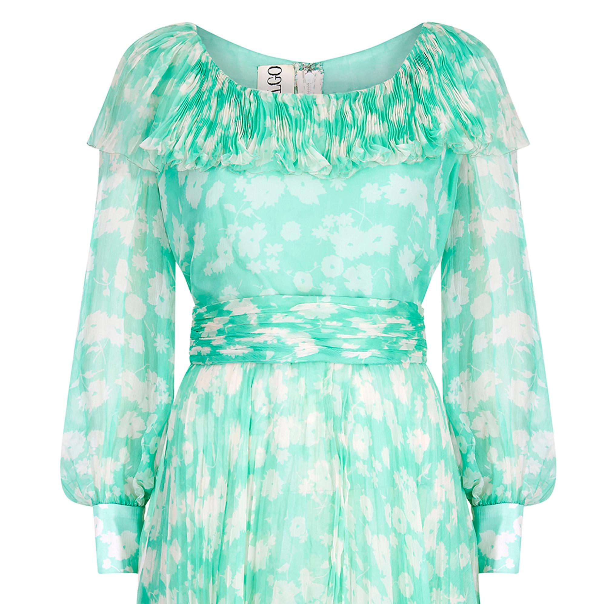 1970s Harry Algo Printed Green & White Silk Chiffon Dress With Ruffle Neckline  In Excellent Condition For Sale In London, GB