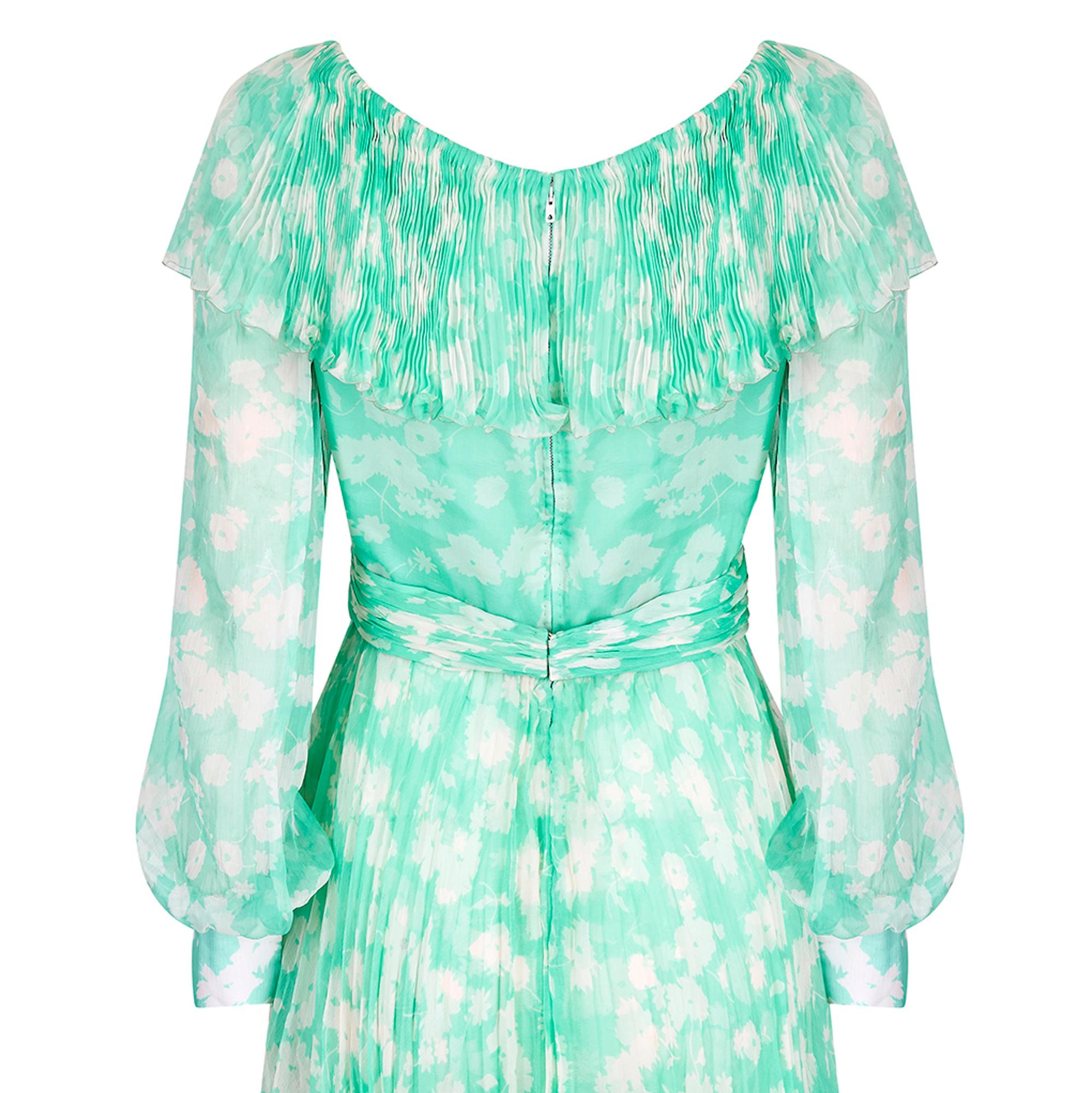 Women's 1970s Harry Algo Printed Green & White Silk Chiffon Dress With Ruffle Neckline  For Sale