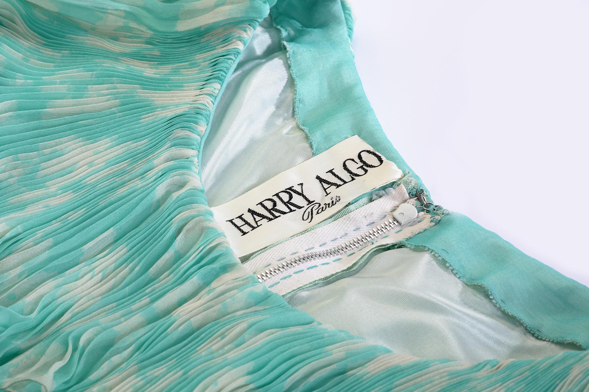 1970s Harry Algo Printed Green & White Silk Chiffon Dress With Ruffle Neckline  For Sale 2