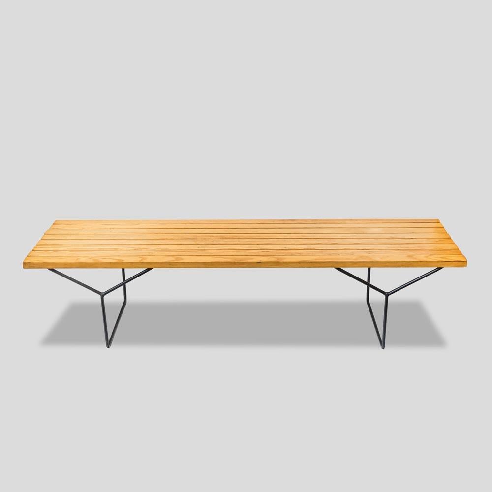Mid-Century Modern 1970s Harry Bertoia design birch wood Slat Bench wrought iron base by Knoll For Sale