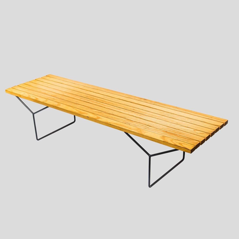 American 1970s Harry Bertoia design birch wood Slat Bench wrought iron base by Knoll For Sale