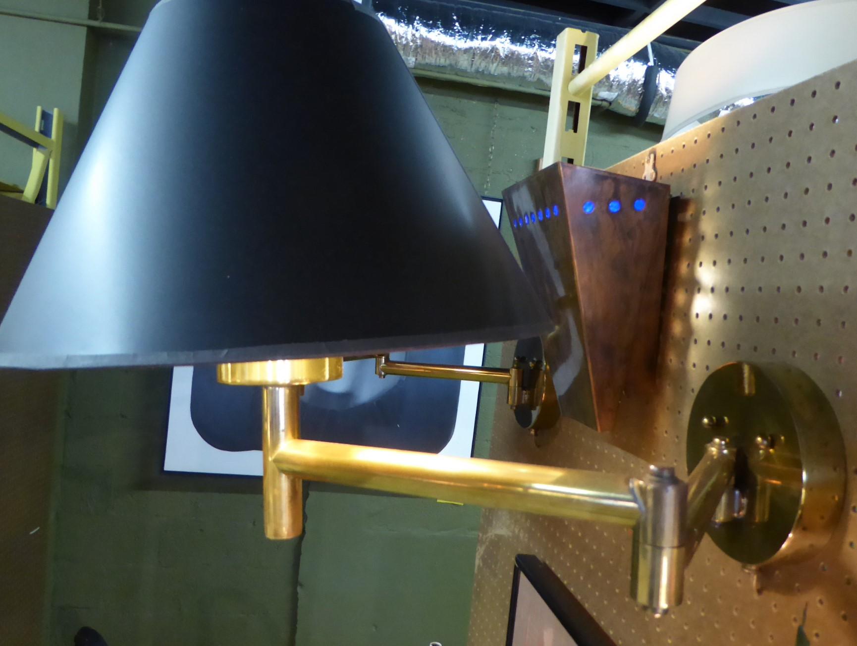 Pair of Large Mid Century Modern Brass Swing Arm Wall Lights or Sconces.  These elegant and lux sconces are attibuted to Hart Associates due to their workmanship and the quality of materials that has been connected with Hart’s products  since 1965. 