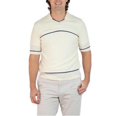 1970S HARTOG Cream Cotton & Acrylic Knit Men's Shirt With Navy Blue Stripes