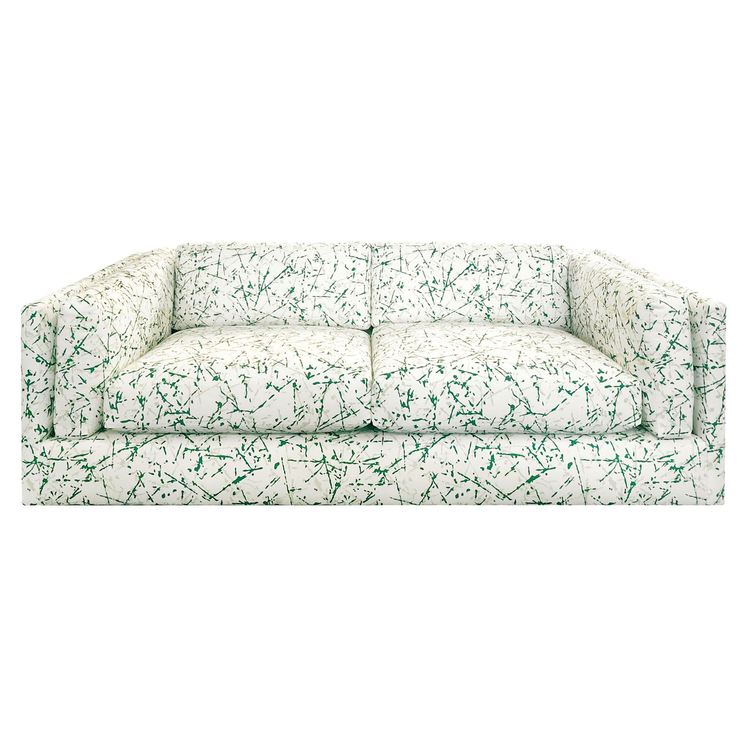 Harvey Probber sofa newly upholstered in green splatter upholstery, USA, 1970s.