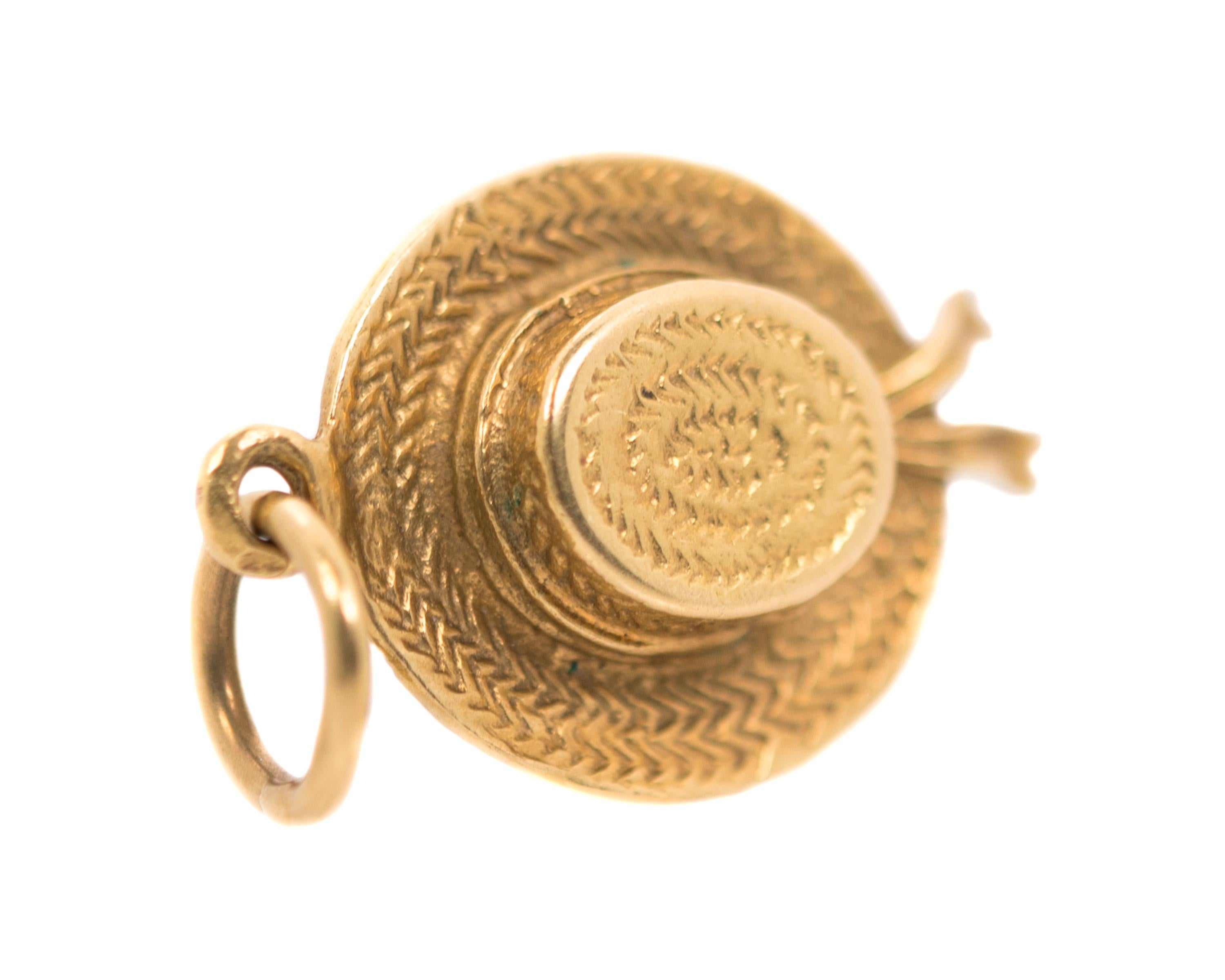 1970s Hat Pendant - 14 Karat Yellow Gold

Features: 
14 Karat Yellow Gold
Woven straw-textured gold
wrap around Gold Ribbon with Bow 
fixed round bail
24 millimeters long x 16 millimeters wide

Pendant Details:
Metal: 14 Karat Yellow Gold
Weight:
