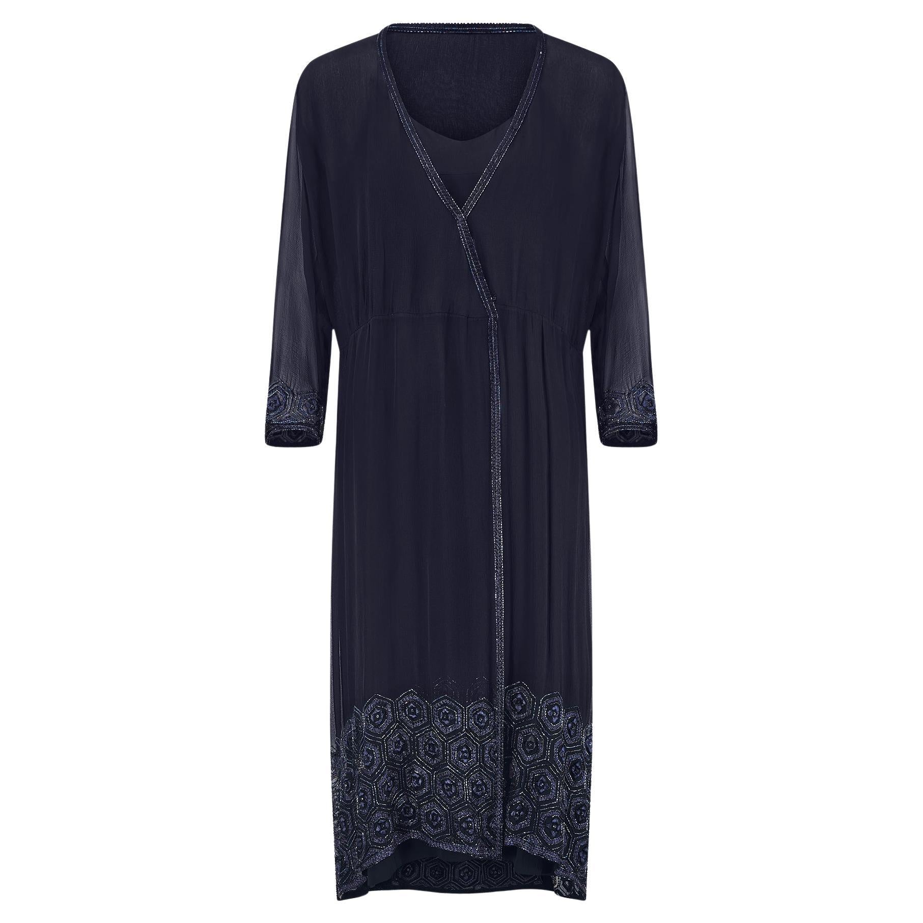 1970er Haute Couture Marineblaues Seidenslipkleid und Perlenjacke