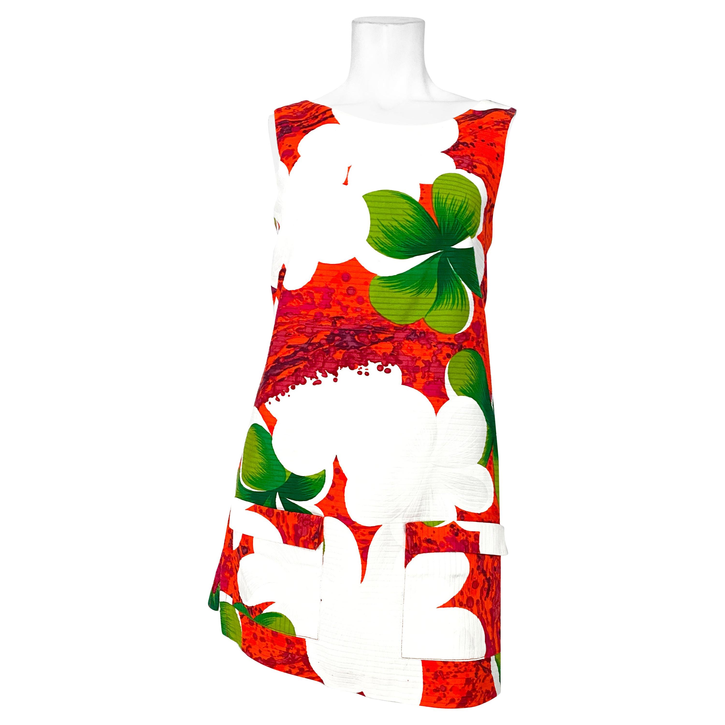 1970s Hawaiian Floral Printed Ribbed Cotton Skort Dress