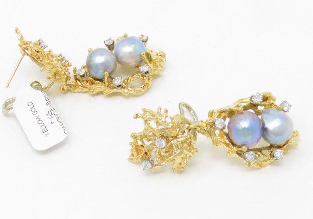 Retro 1970s Heavy 1.50 Carat VS Diamond Free-Form Tahitian Pearl Dangle Earrings For Sale