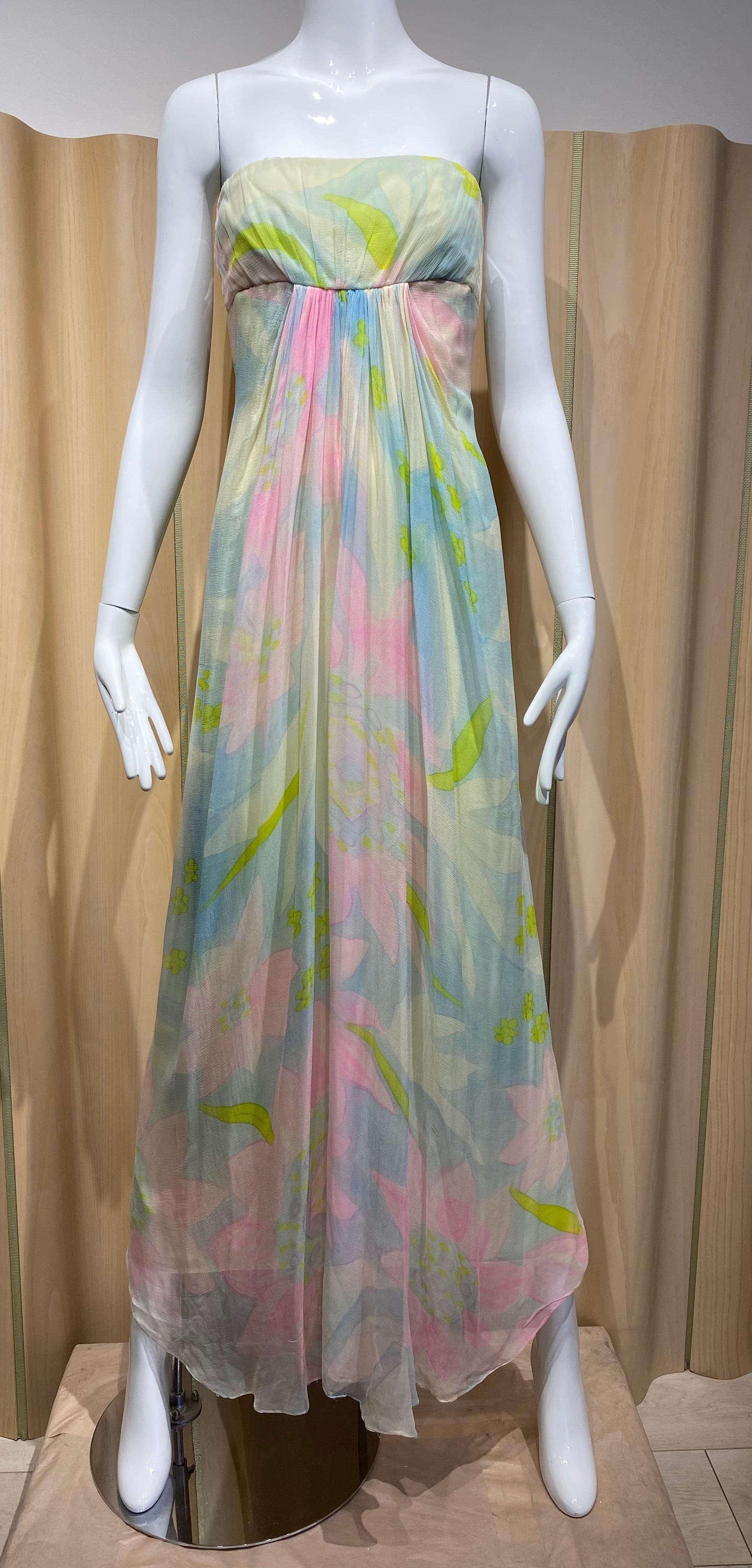 1970s Helena Barbieri Pastel Silk Strapless Silk Chiffon Gown  For Sale 5