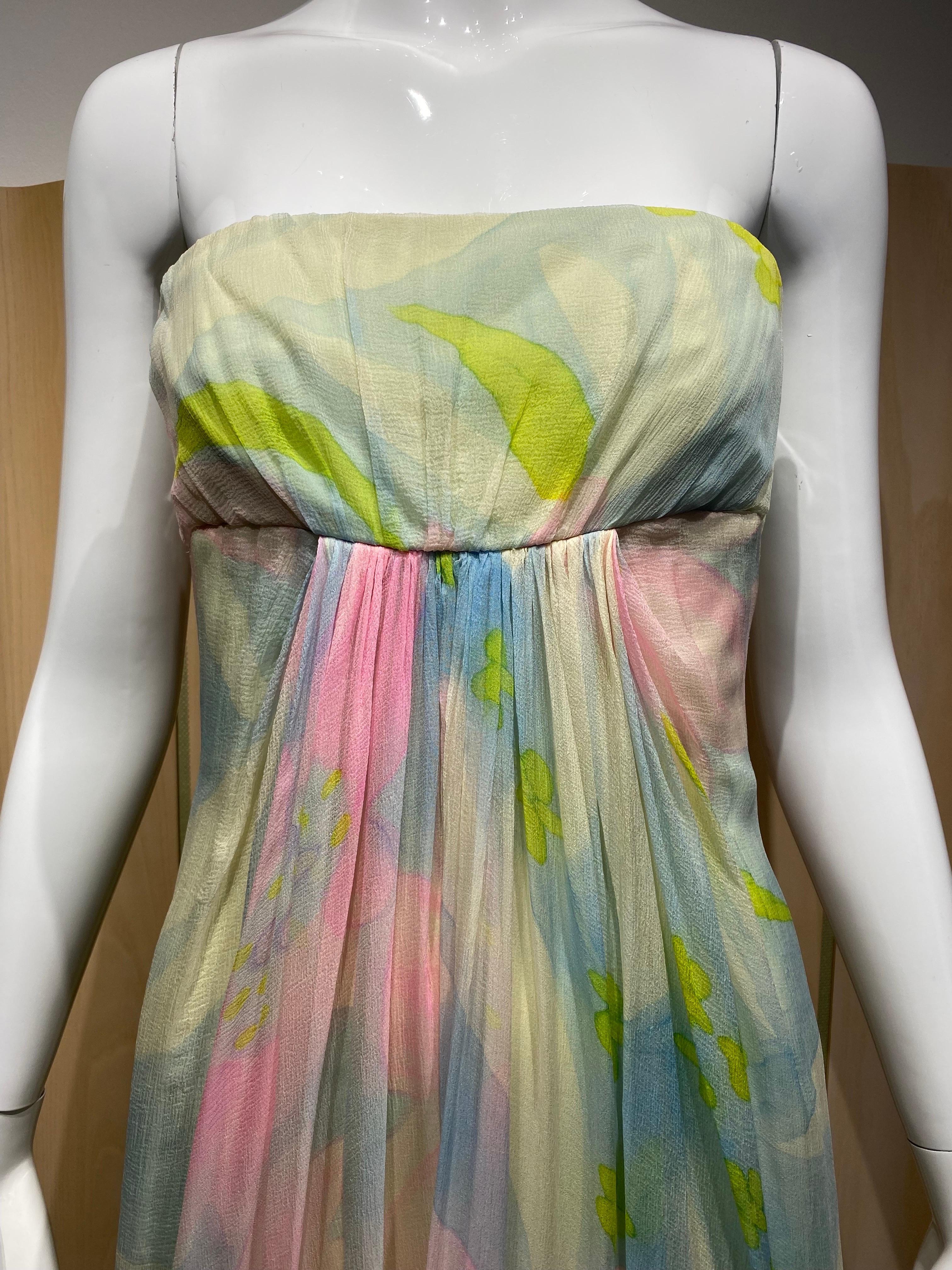 1970er Jahre Helena Barbieri Pastell Aquarelldruck in grün, rosa und türkis Seide trägerlosen Kleid mit Jacke.
Passform Größe 2/4/ Klein