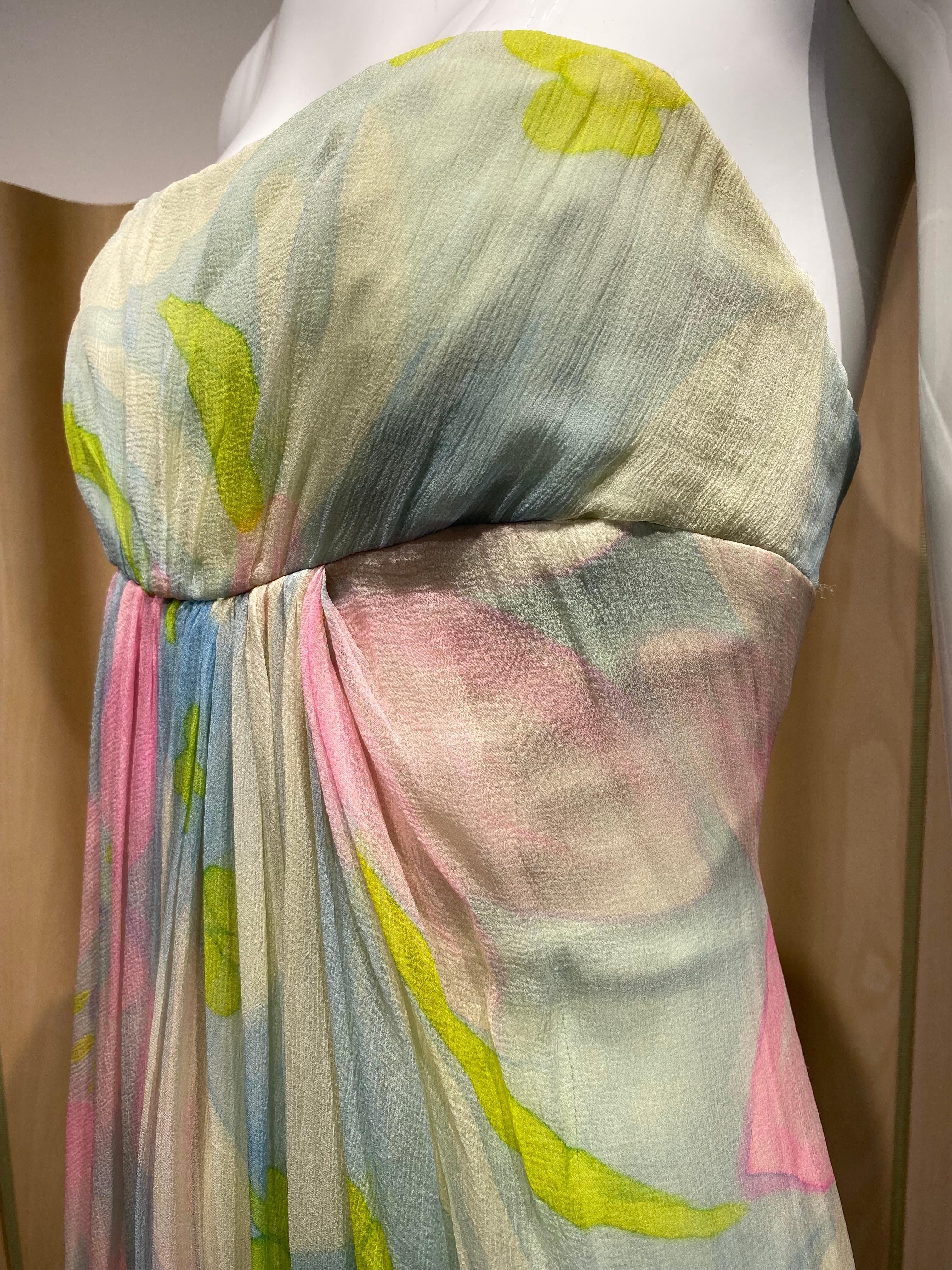 Gray 1970s Helena Barbieri Pastel Silk Strapless Silk Chiffon Gown  For Sale